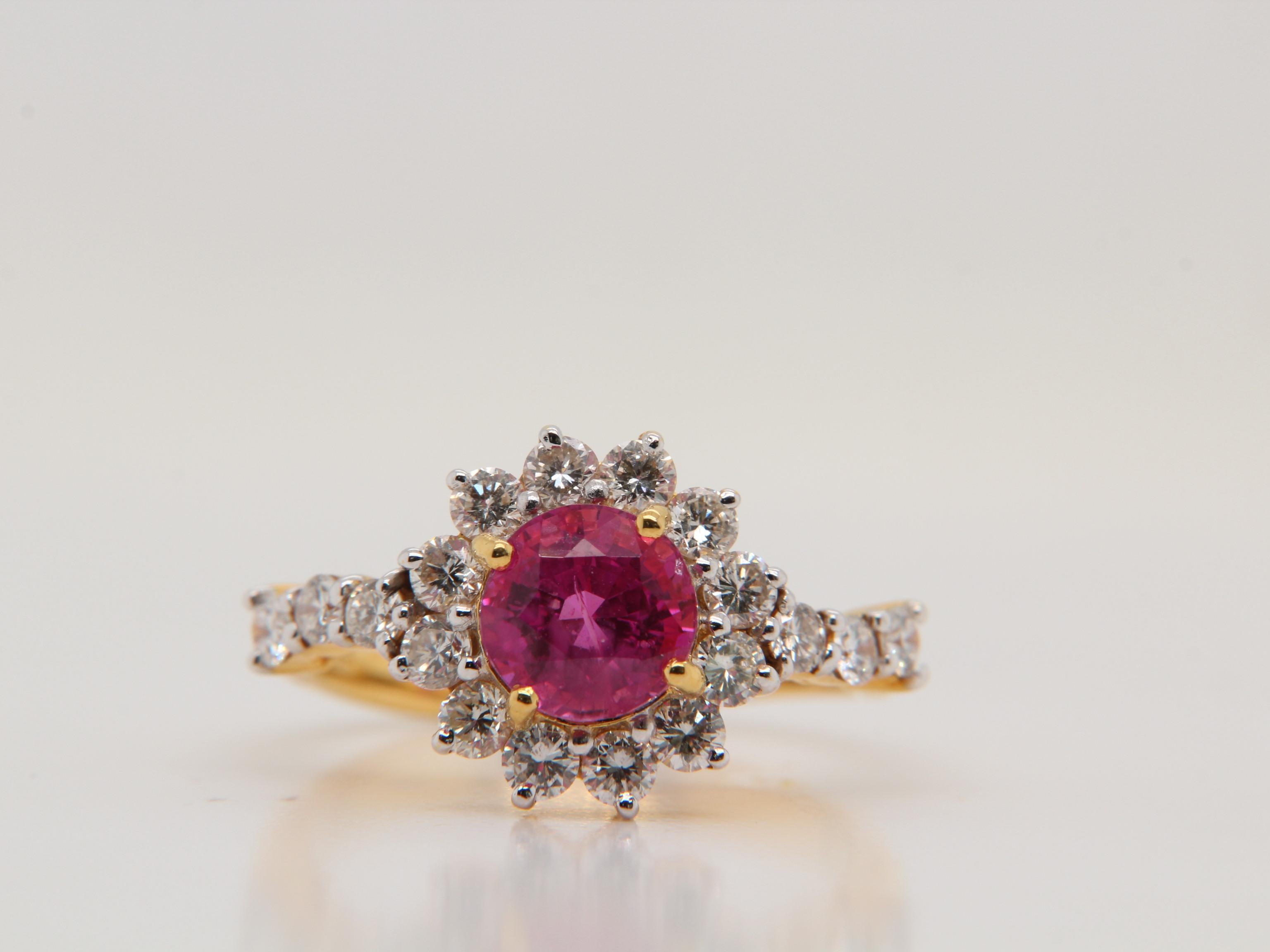 A new 1.89 carat Burmese ruby ring mounted with diamonds in 18 Karat gold. The ruby is of weight 1.89 carat and is certified by AGL (Thai) as natural, no heat, and 'Reddish Purple'. The total diamond weight is 0.75 carat and the total rings weighs