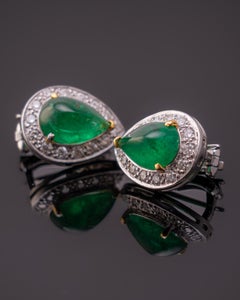AGL Certified 18K Gold 12 Carat Emerald Cabochon and Diamond Earrings
