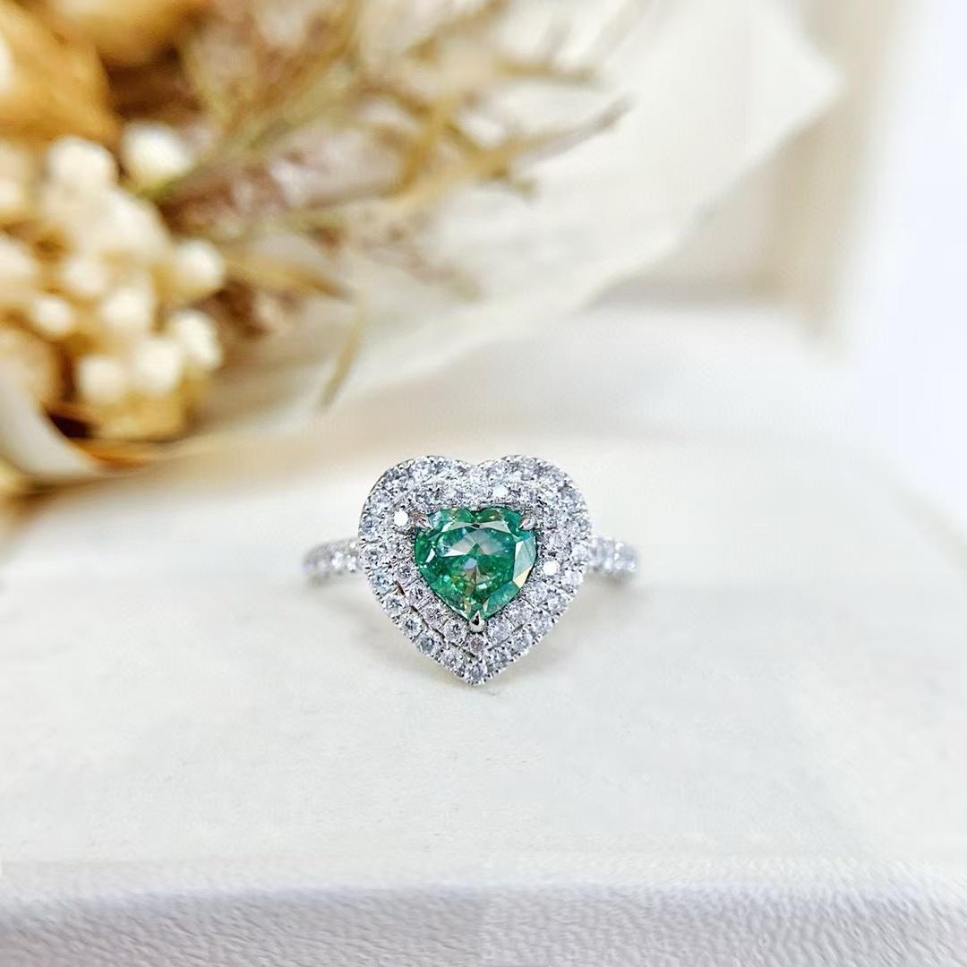 Heart Cut AGL Certified 1.01 Carat Fancy Green Heart-Cut Diamond Double Halo Ring For Sale