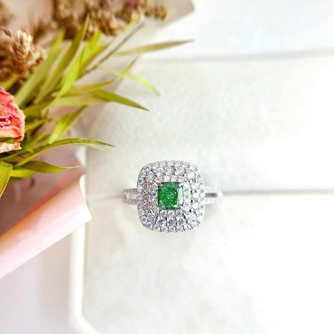 Modern AGL Certified 18K White Gold Cushion-Cut Green Diamond Hollow Ring with Diamonds For Sale