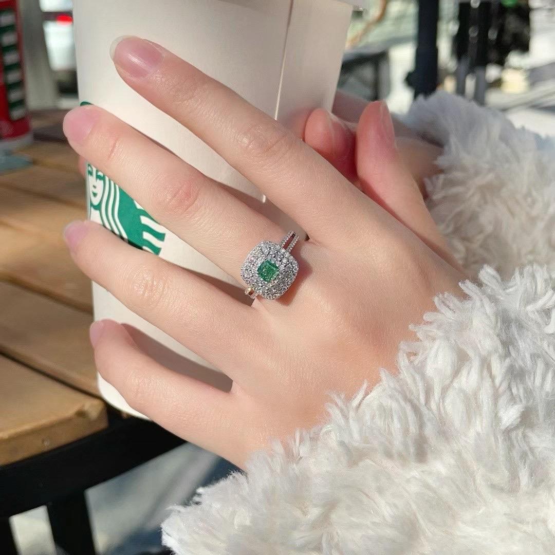 Cushion Cut AGL Certified 18K White Gold Cushion-Cut Green Diamond Hollow Ring with Diamonds For Sale