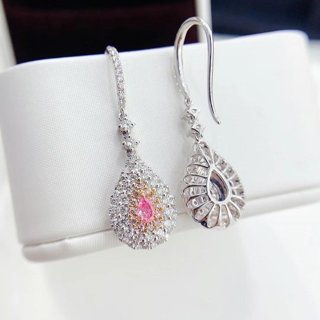Pear Cut AGL Certified 18K White Gold Pear-Cut Pink Diamond Dangle Earrings For Sale