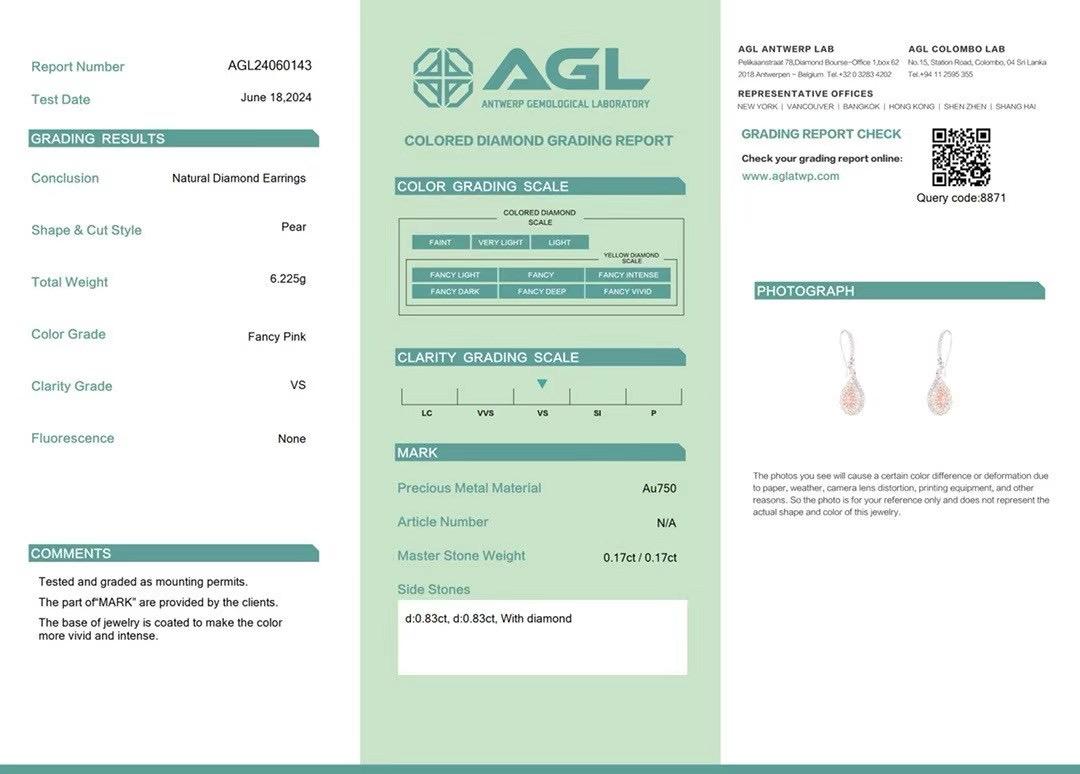 AGL Certified 18K White Gold Pear-Cut Pink Diamond Dangle Earrings In New Condition For Sale In Kowloon, HK