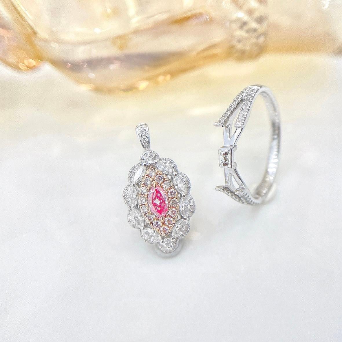 Marquise Cut AGL Certified 18K White Gold Pink Diamond Ring with Diamonds For Sale