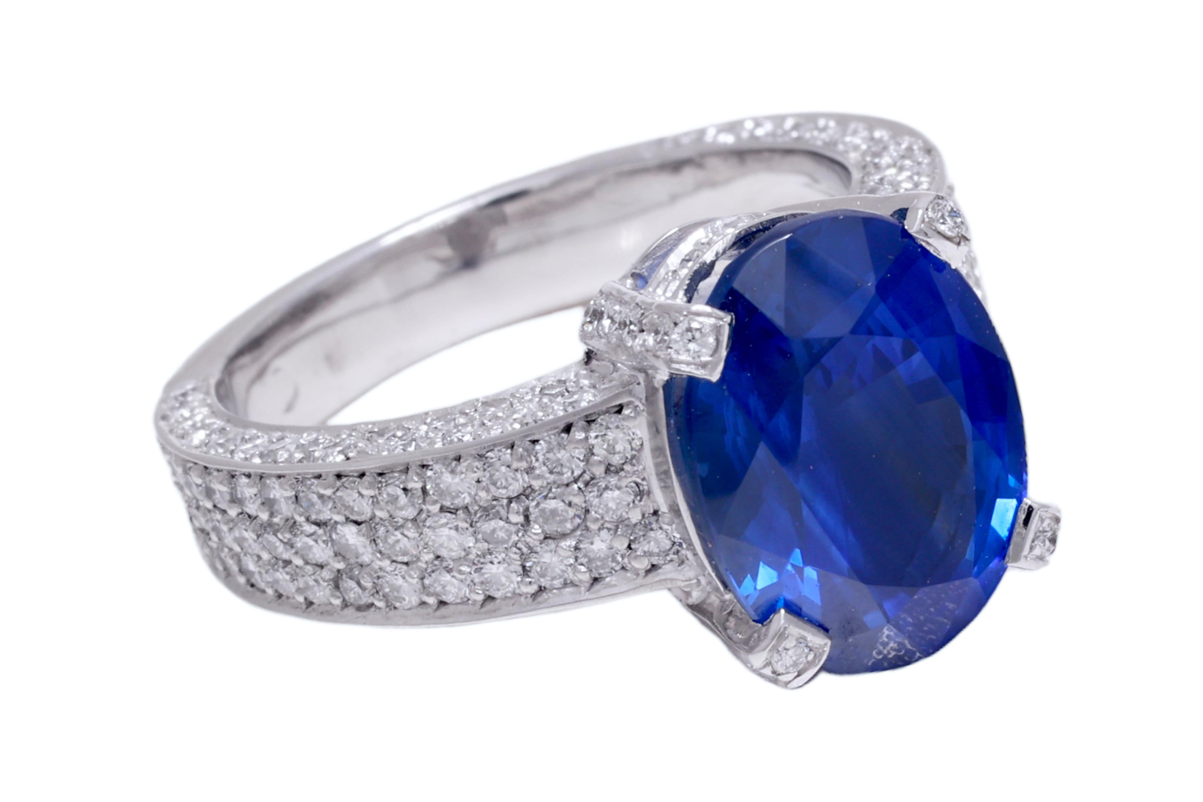 Mixed Cut  AGL Certified 18kt. White Gold Ring 6.32 ct. Ceylon Sapphire &1.62 ct. Diamonds For Sale