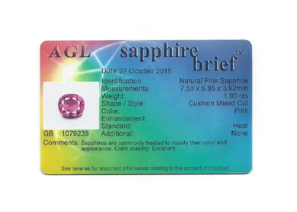 Goldring, AGL-zertifizierter 1,90 Karat rosa Saphir im Kissenschliff mit Diamant im Angebot 7