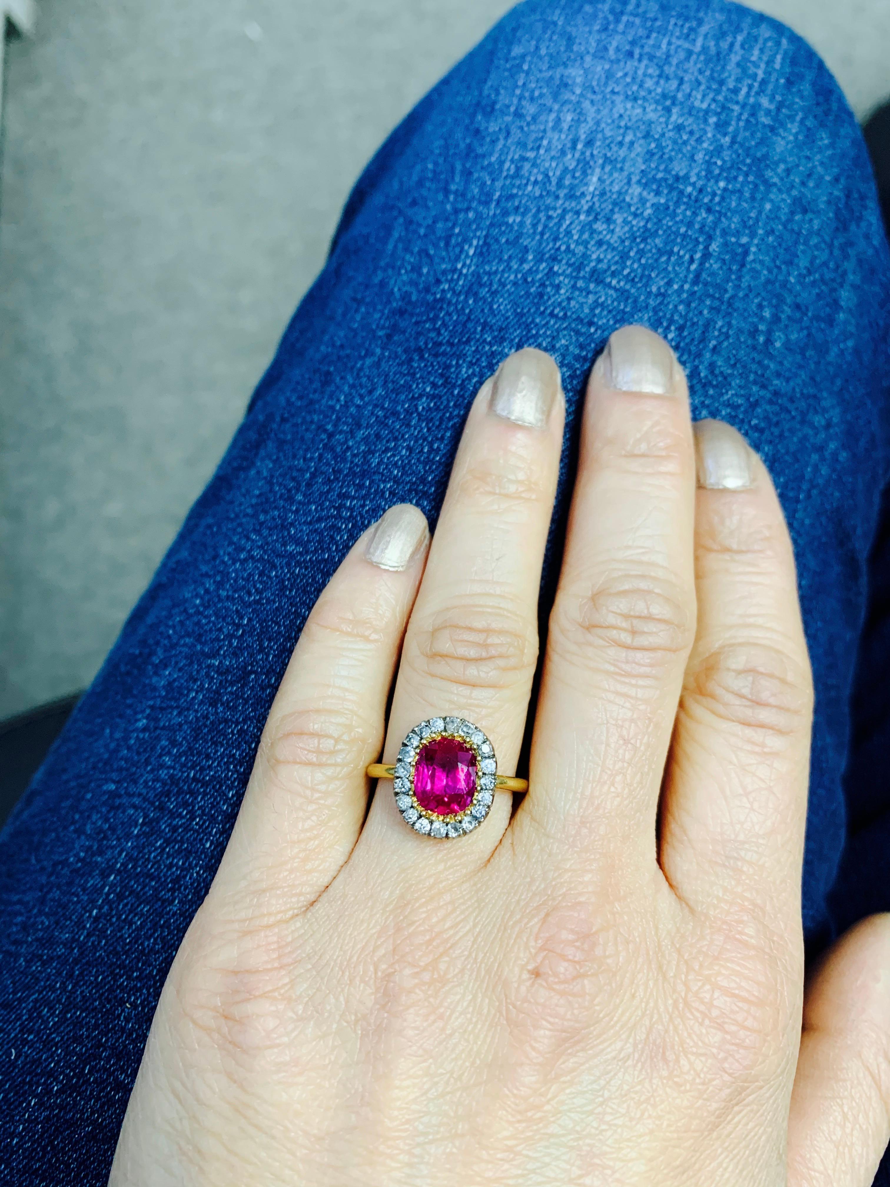 AGL Certified 1920 Antique Burma No Heat Oval Ruby and Diamond Ring In Excellent Condition For Sale In New York, NY