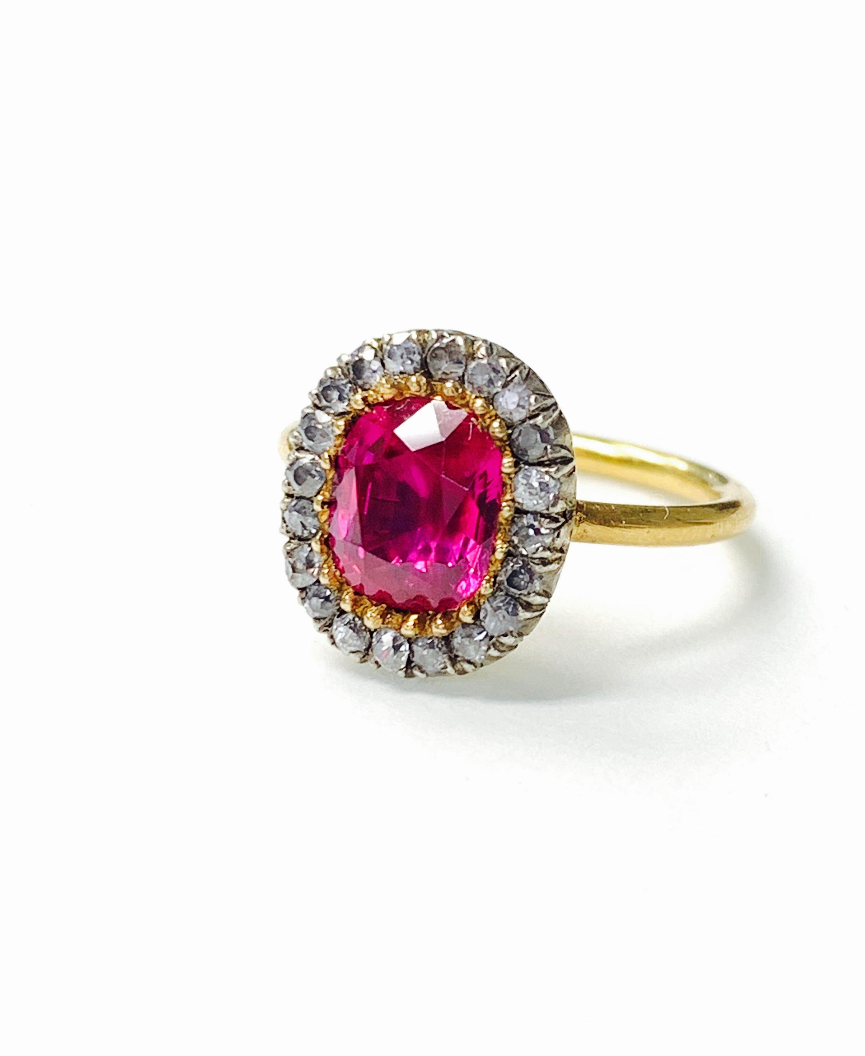 AGL Certified 1920 Antique Burma No Heat Oval Ruby and Diamond Ring For Sale 1