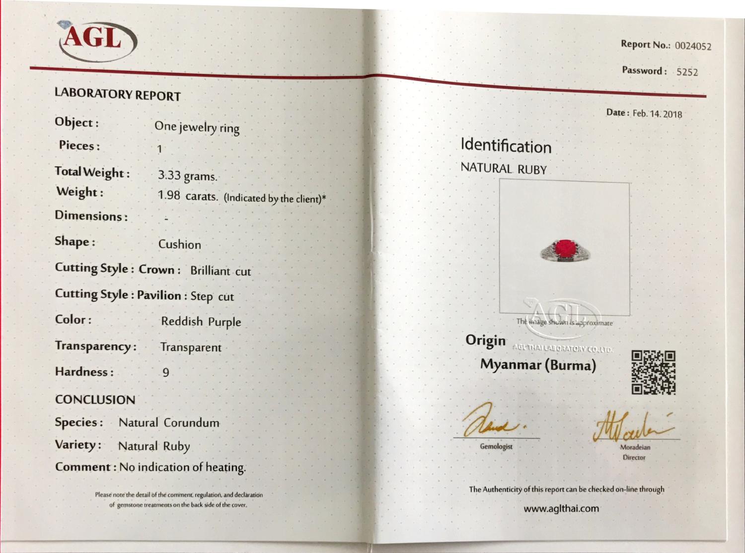 Femenino o masculino AGL Anillo de rubí birmano certificado tailandés de 1,98 quilates sin calor en oro de 18 quilates en venta