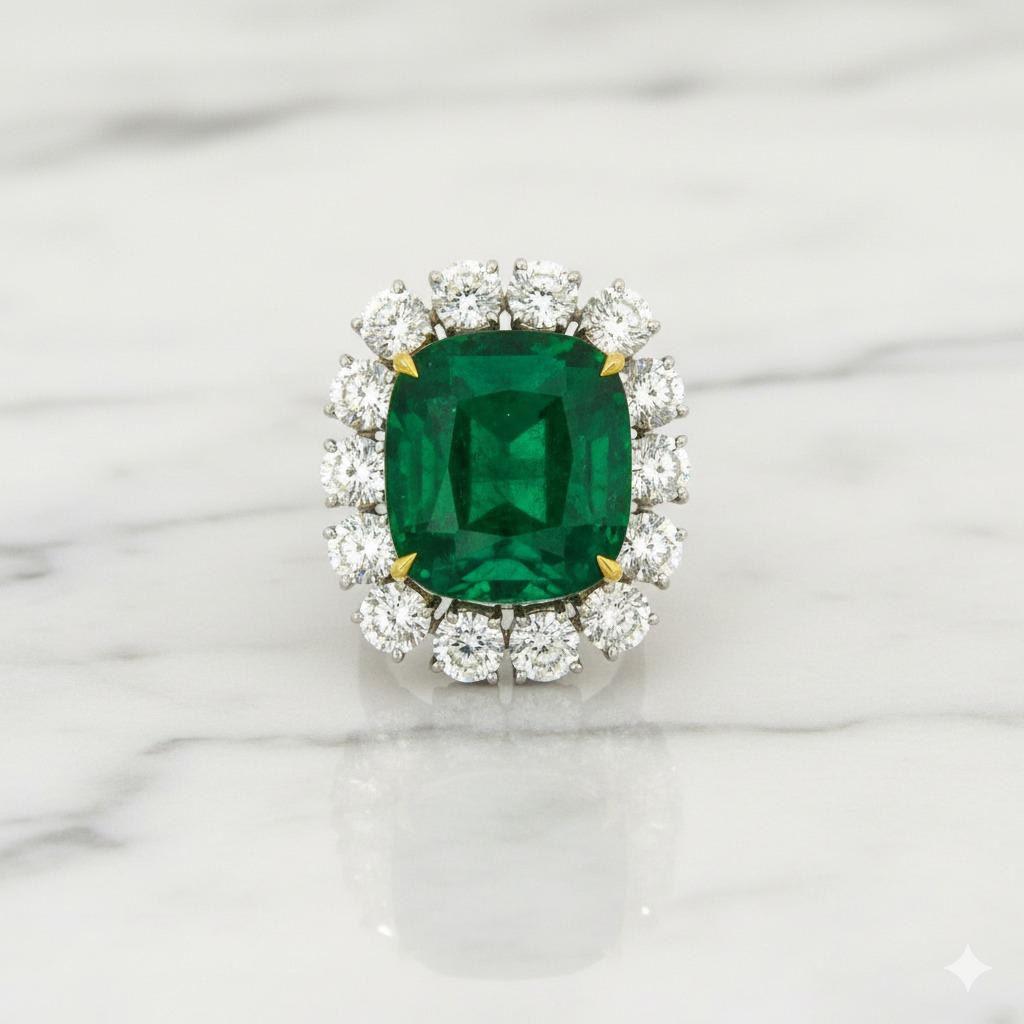 AGL zertifizierter 20 Karat Kissen Smaragd und Diamant Platin Cocktail Ring (Kissenschliff) im Angebot