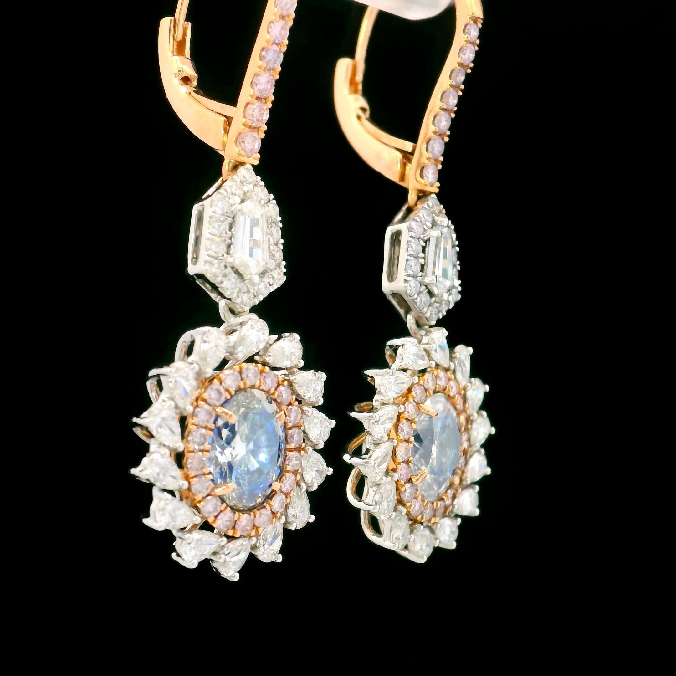 Oval Cut AGL Certified 2.00 Carat Fancy Blue VS Clarity Diamond Earrings For Sale