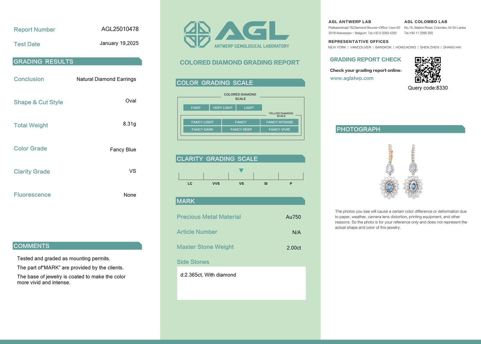 AGL Certified 2.00 Carat Fancy Blue VS Clarity Diamond Earrings For Sale 3