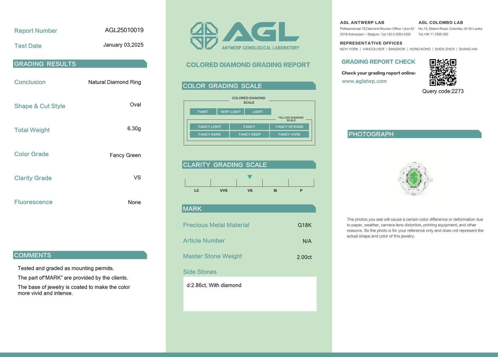 AGL Certified 2.00 Carat Fancy Green VS Clarity Diamond Ring For Sale 3