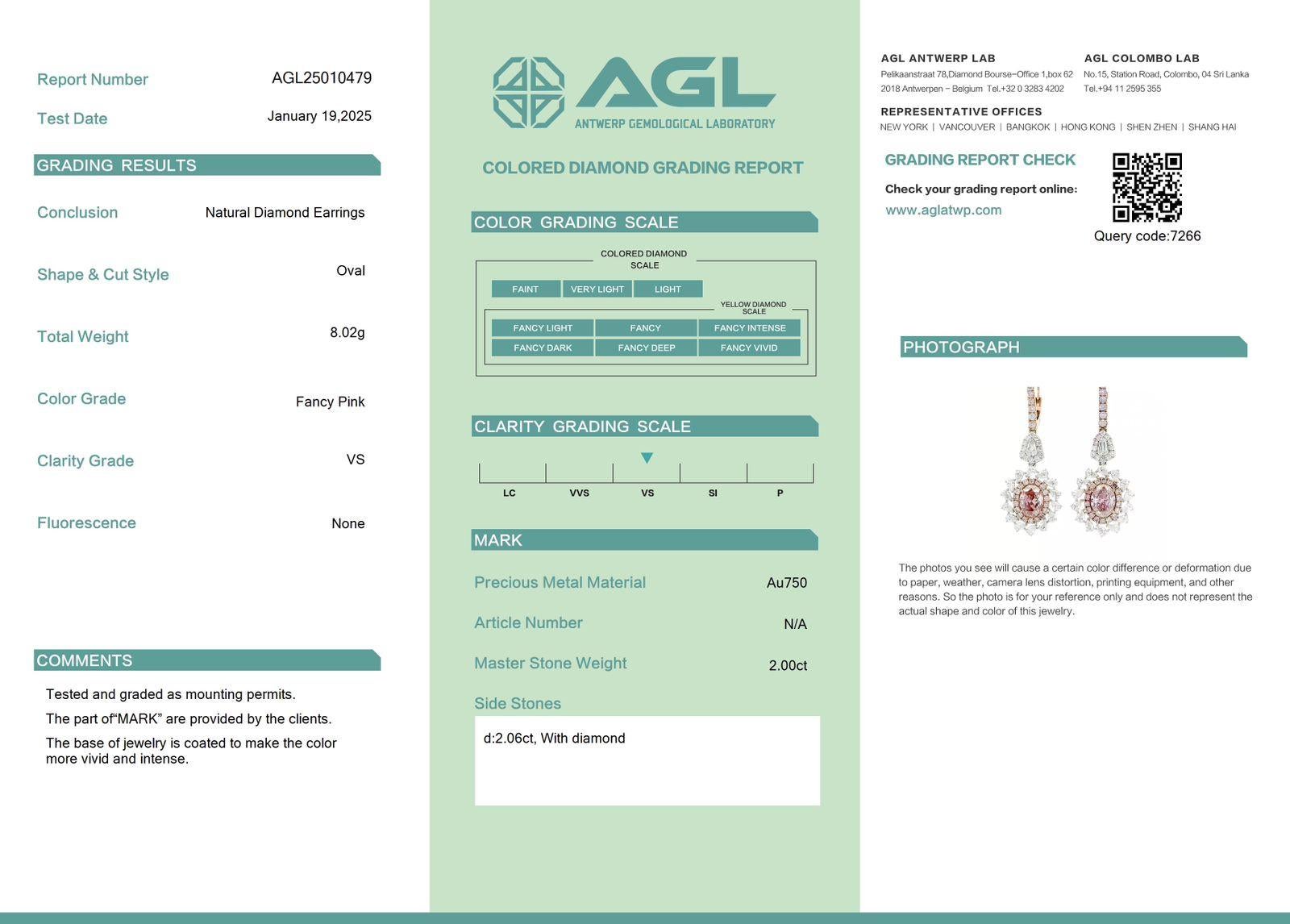 AGL Certified 2.00 Carat Fancy Pink VS Clarity Diamond Earrings For Sale 3