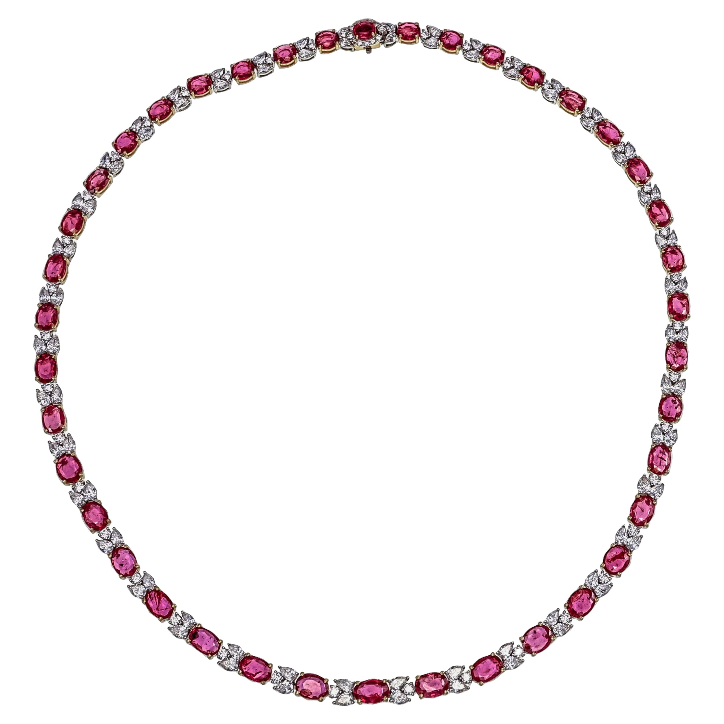 AGL Certified 20.07 Carat Mozambique Ruby And Diamond Necklace In 18K White Gold For Sale