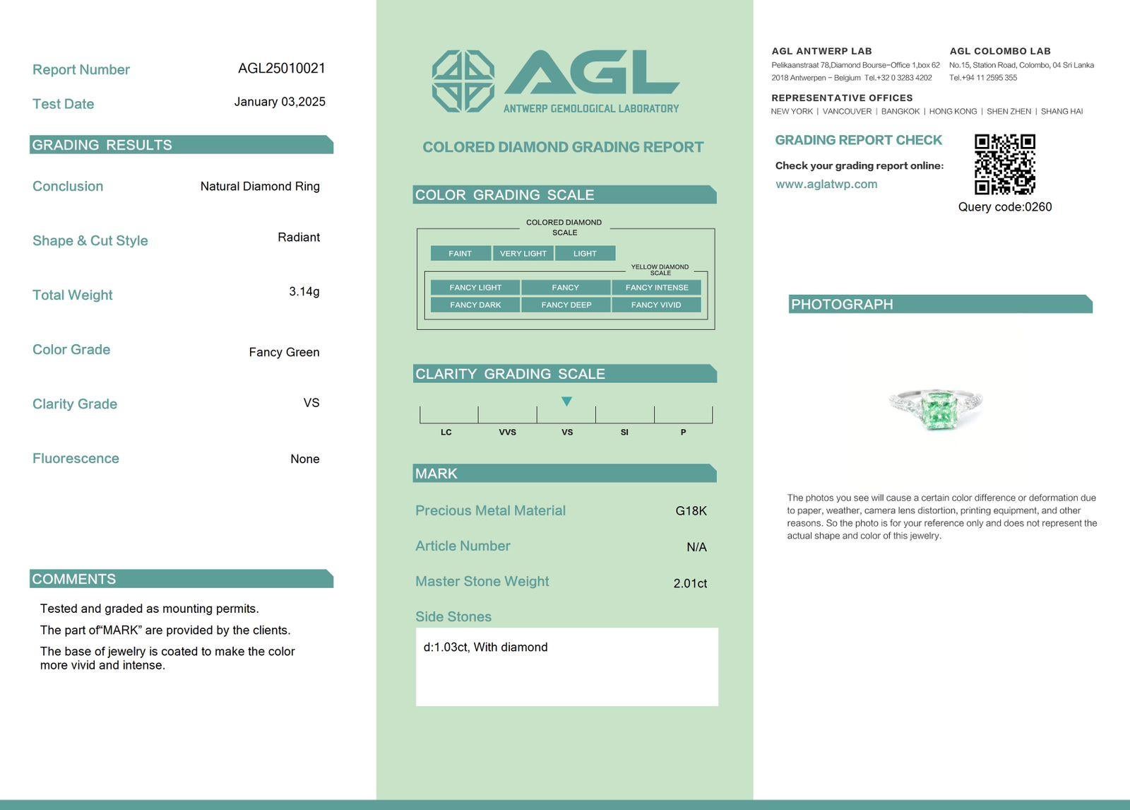 AGL Certified 2.01 Carat Fancy Green VS Clarity Diamond Ring For Sale 3