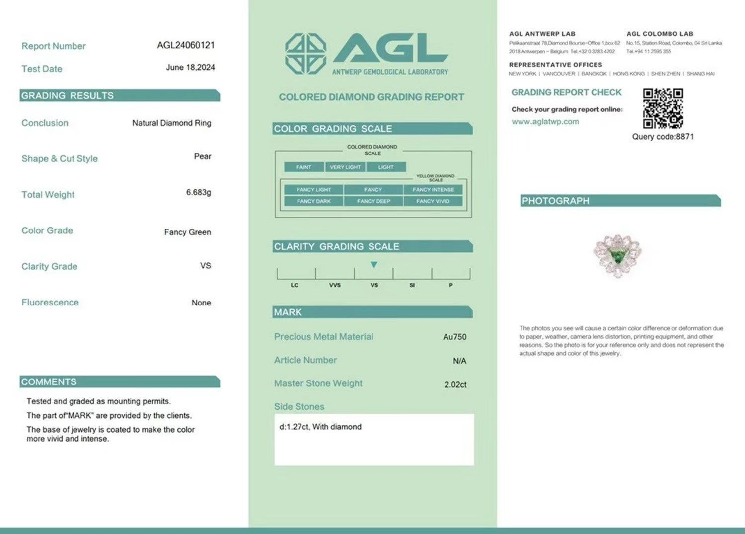 AGL Certified 2.02 CT VS Clarity Fancy Green Diamond Cocktail Ring For Sale 1