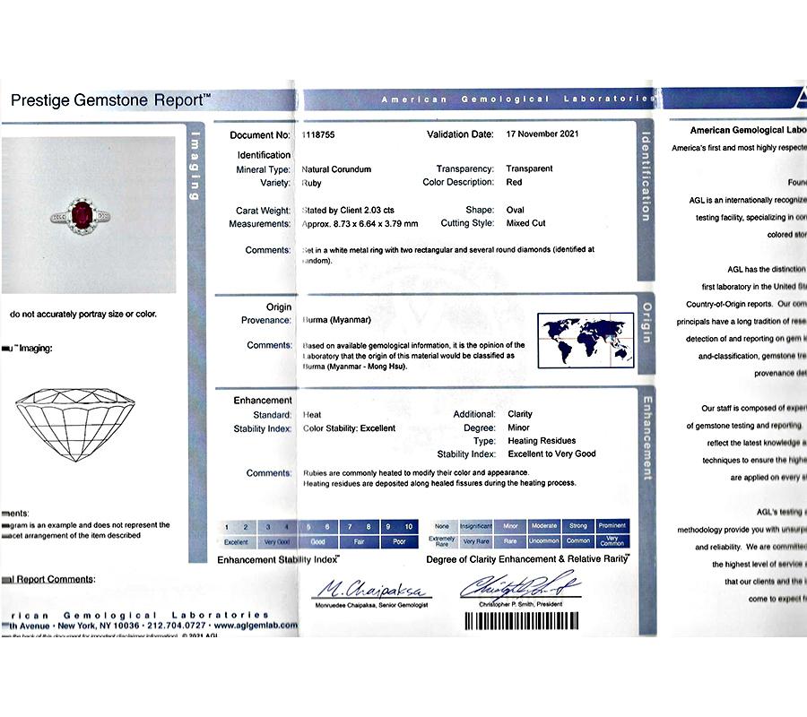 AGL Certified 2.03ct Burmese Ruby 0.67ct Diamond Engagement Ring In Good Condition For Sale In New York, NY