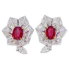GRS Certified 2.08 Carat Burma Ruby Pigeon  Blood And Diamond Earrings