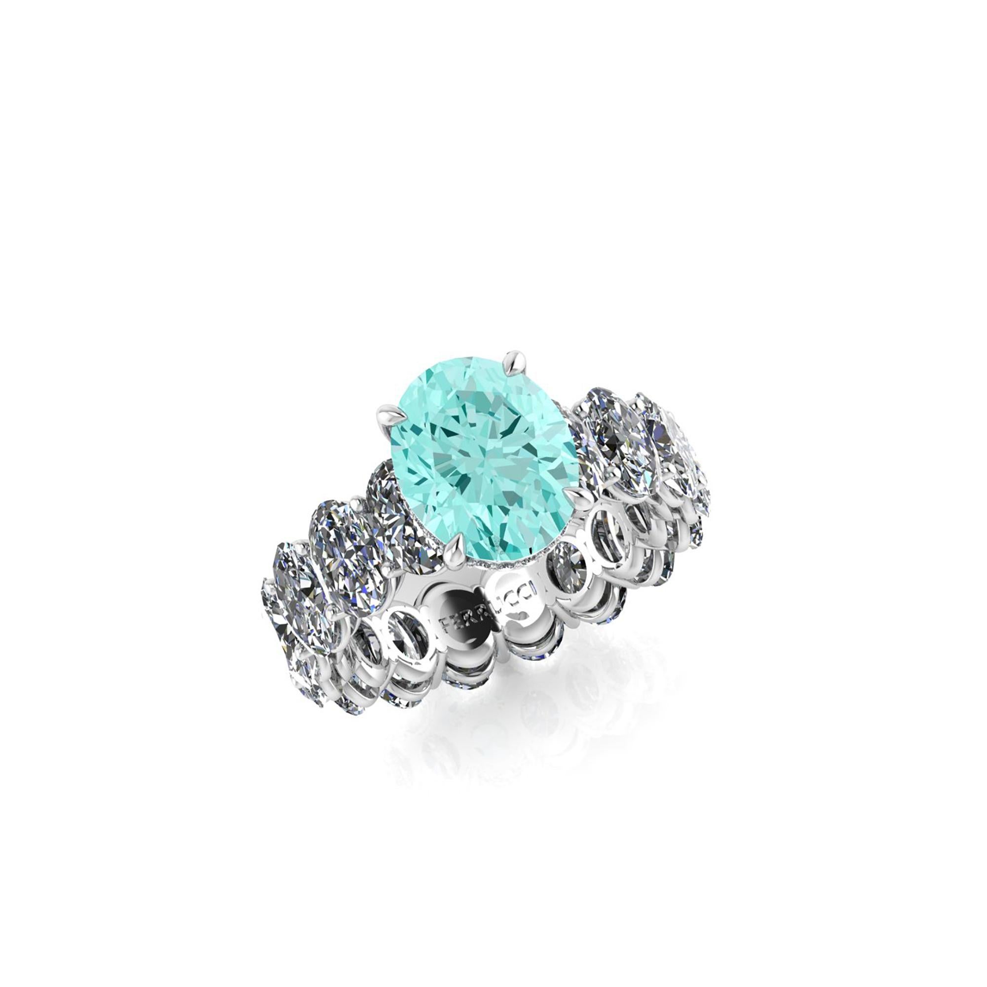 AGL Certified 2.11 Carat African Paraiba Tourmaline, set on a Platinum 950 Oval diamond eternity ring, designed and hand made in New York with the gem adorned by pave of white round diamonds, for a total diamond carat weight of 5.10 carats, color H,