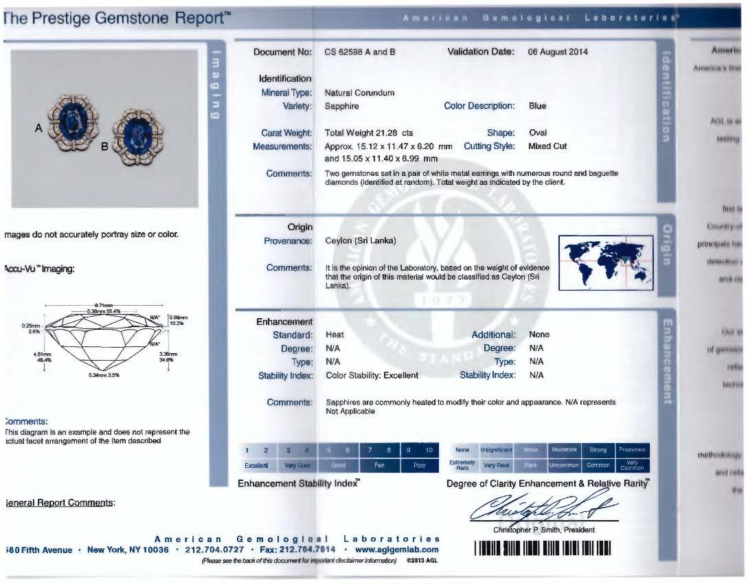 Oval Cut Spectra Fine Jewelry AGL Certified 21.28 Carat Sapphire Diamond Earrings For Sale