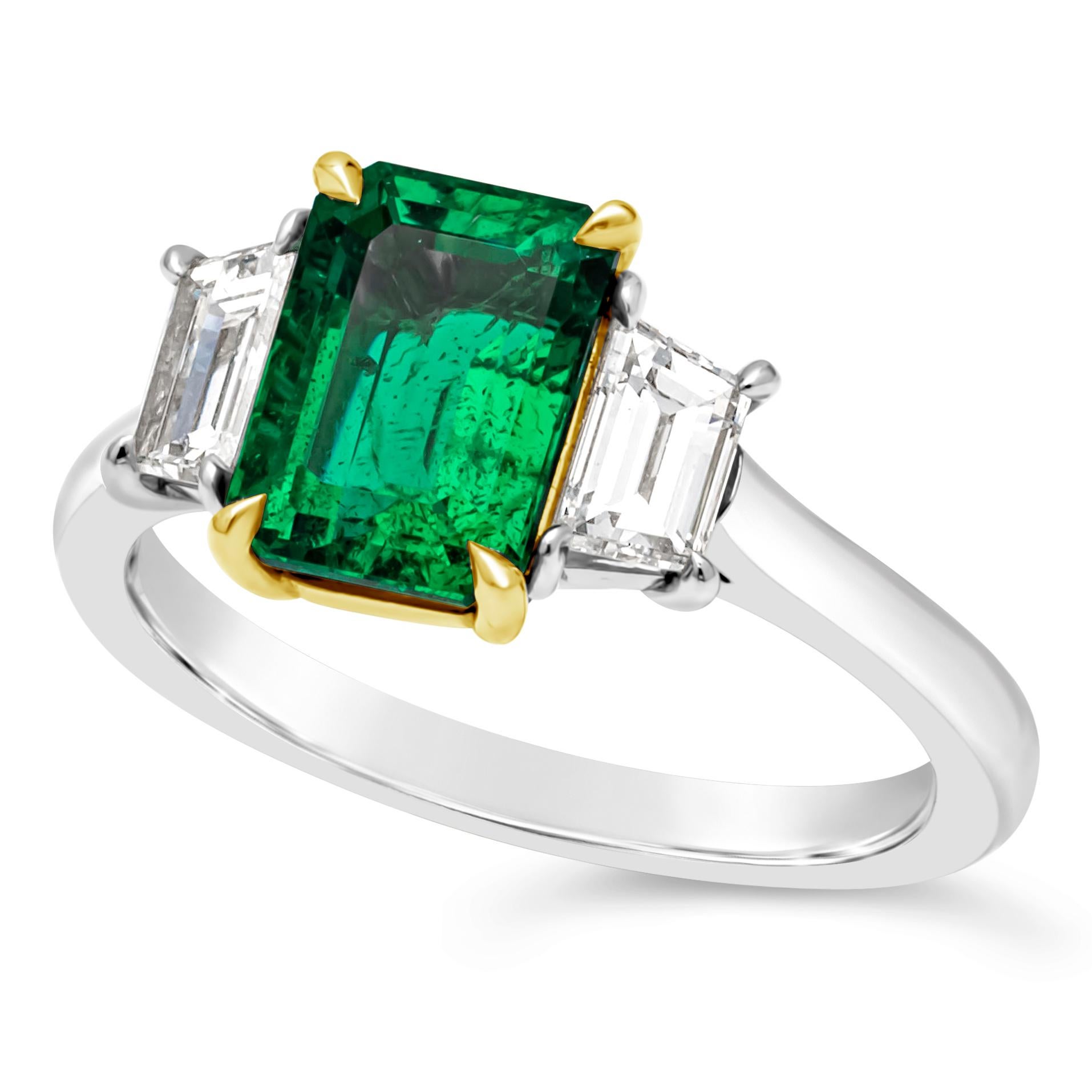 Contemporary AGL Certified 2.14 Carats Emerald Cut Green Emerald Three-Stone Engagement Ring For Sale