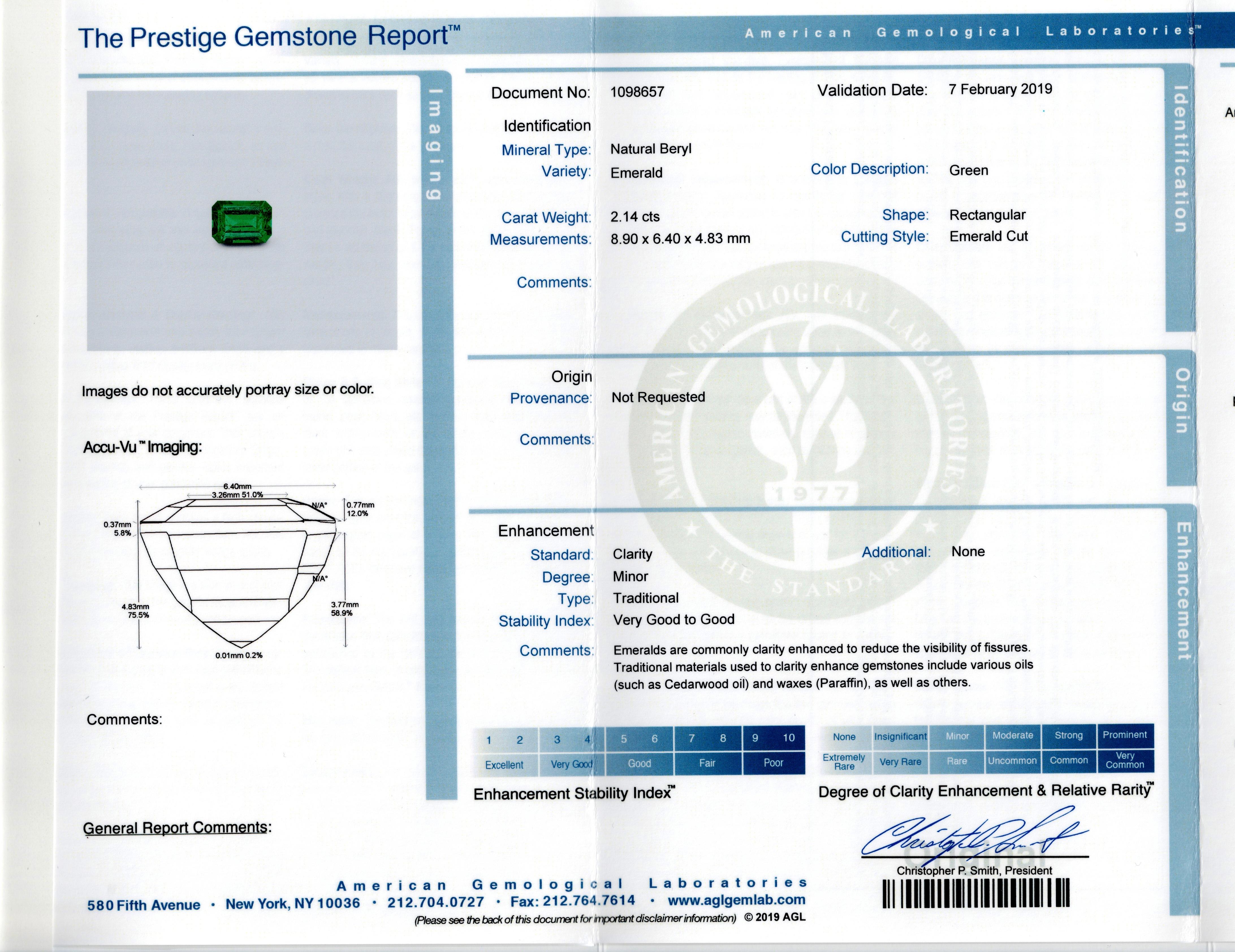 AGL Certified 2.14 Carats Emerald Cut Green Emerald Three-Stone Engagement Ring (bague de fiançailles à trois pierres) en vente 1