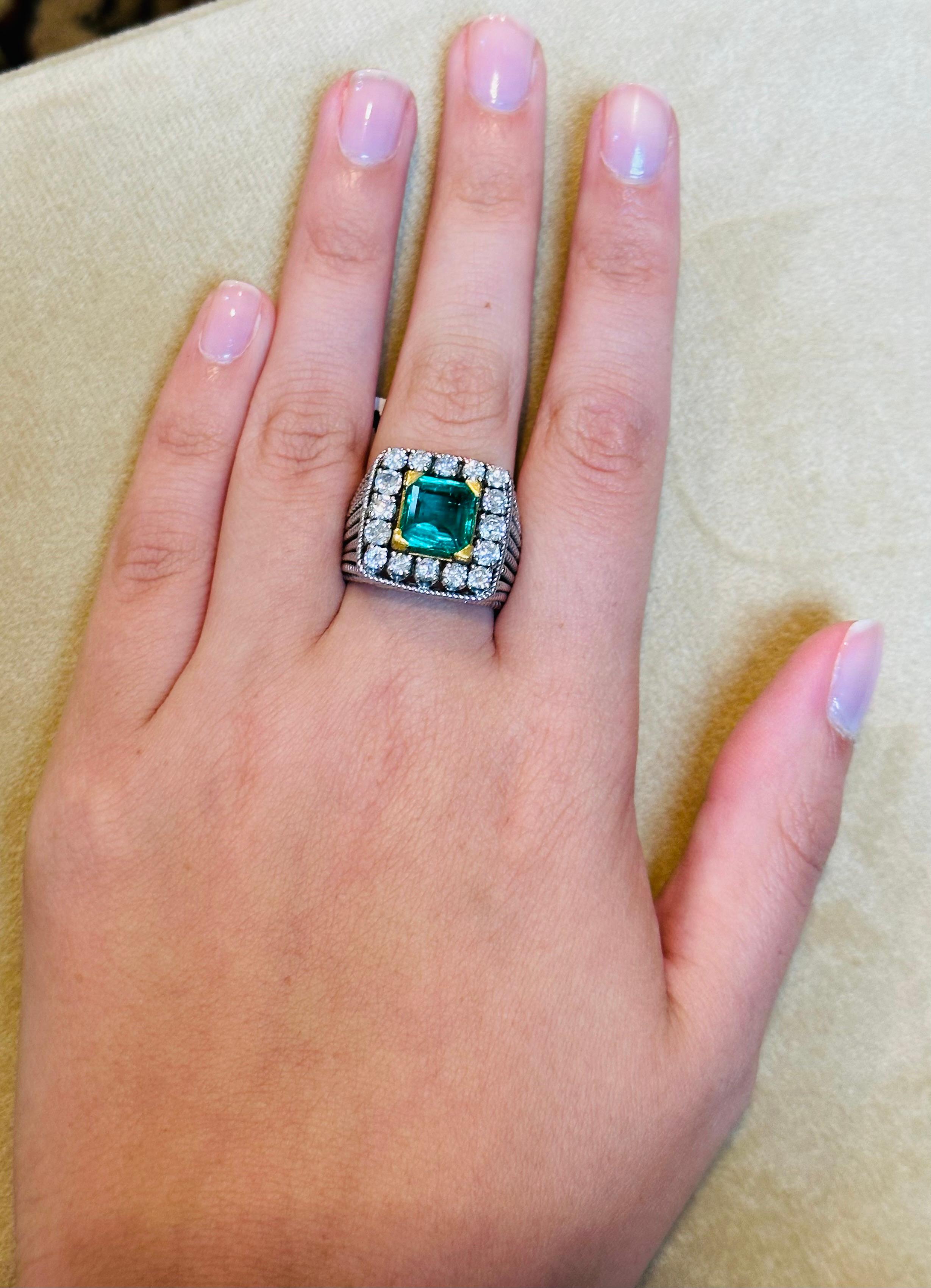 AGL Certified 2.14 Ct Colombian Minor Traditional Emerald & Diamond Ring 18KYG For Sale 9