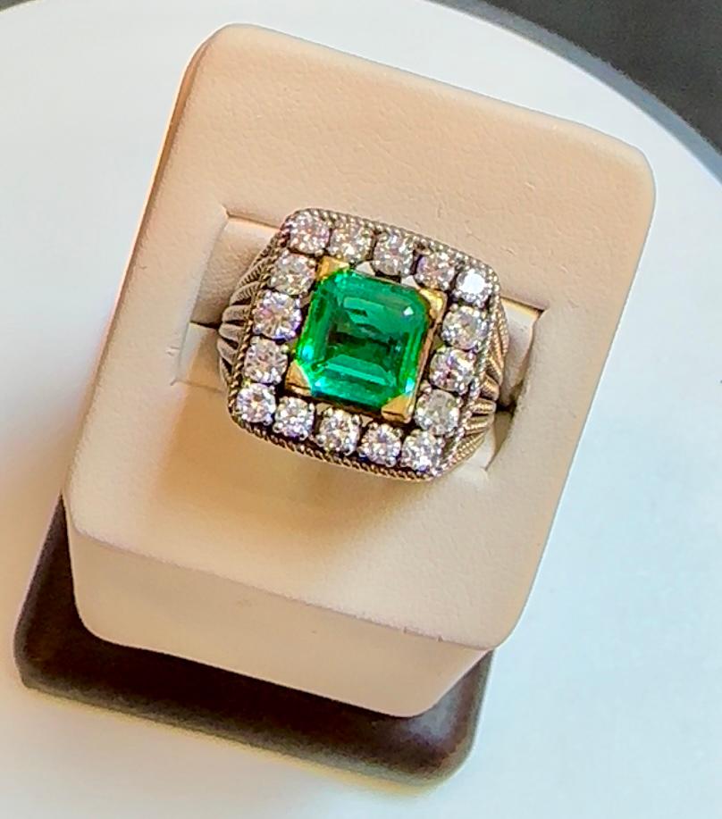 
AGL Certified 2.14 Ct Colombian Minor Traditional Emerald & Diamond Ring  18K Yellow Gold
A Classic, ring 
2.14 Carat  Colombian Emerald Absolutely gorgeous emerald , Very desirable color , Extreme fine quality ,color and luster
18 Karat Yellow