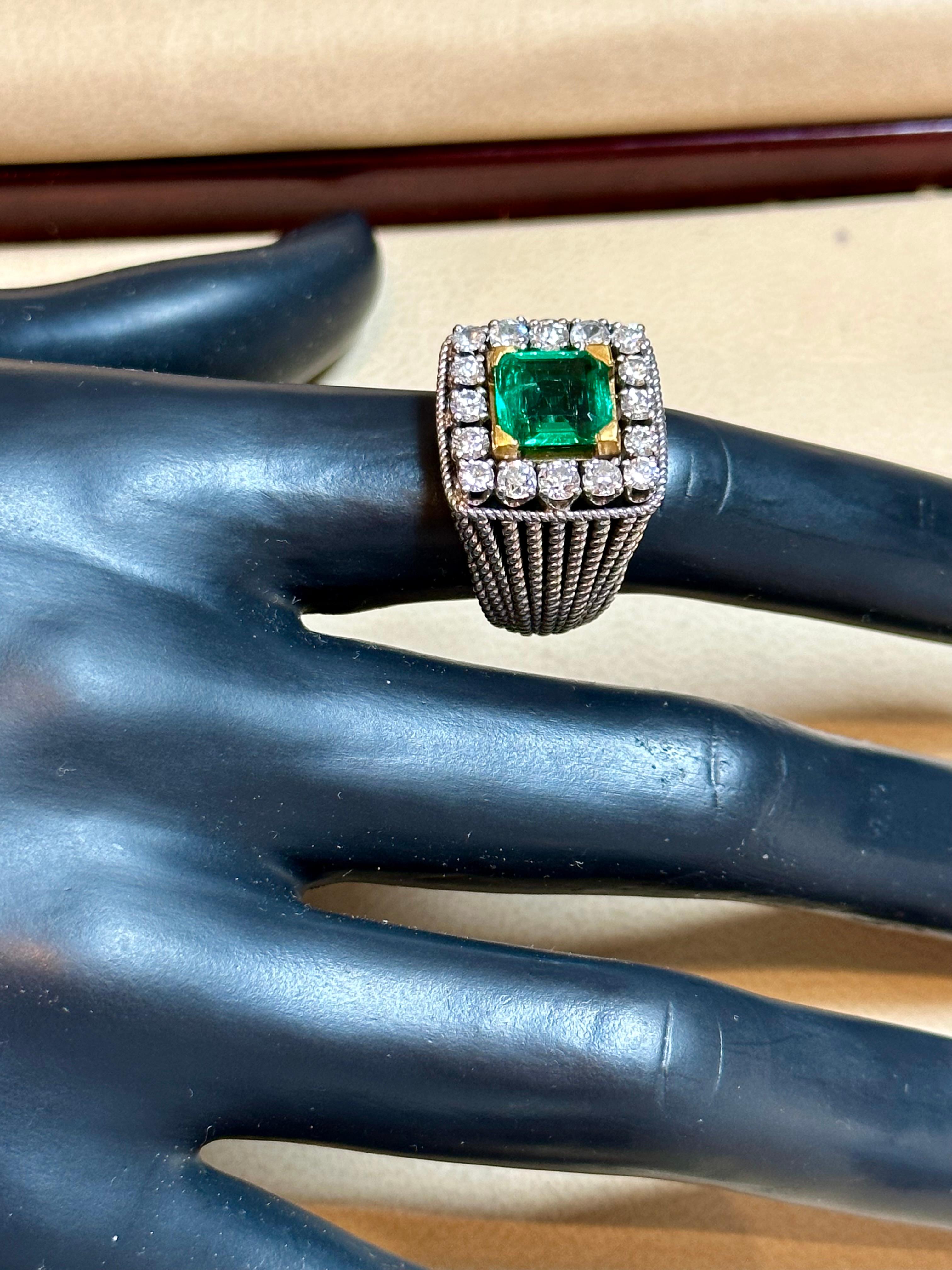 Cushion Cut AGL Certified 2.14 Ct Colombian Minor Traditional Emerald & Diamond Ring 18KYG For Sale