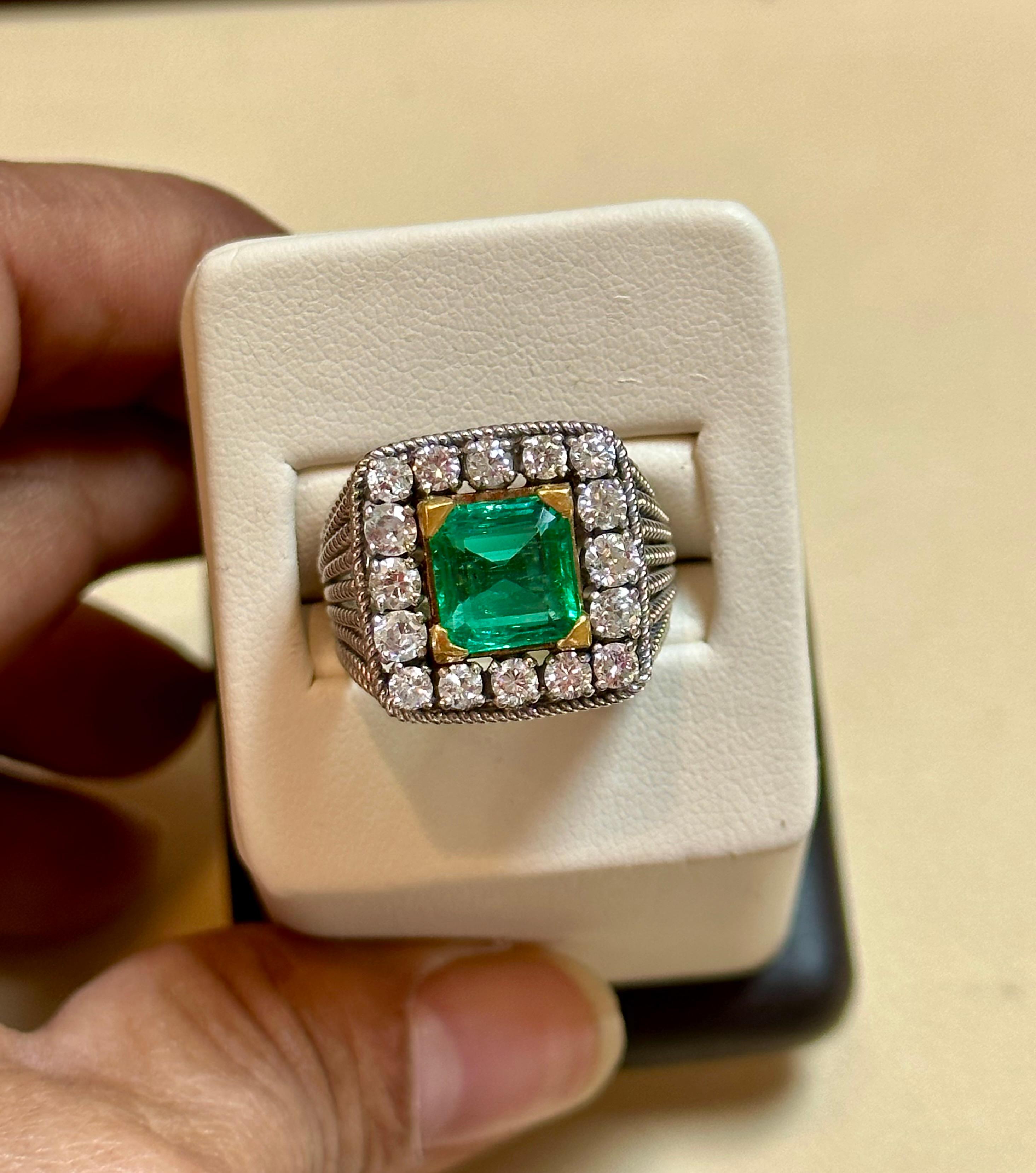 Women's or Men's AGL Certified 2.14 Ct Colombian Minor Traditional Emerald & Diamond Ring 18KYG For Sale