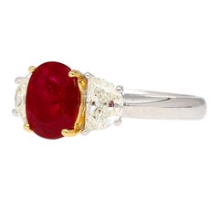 AGL Certified 2.19 Carat No Heat Burma Ruby & Trapezoid Diamond 3 Stone Ring