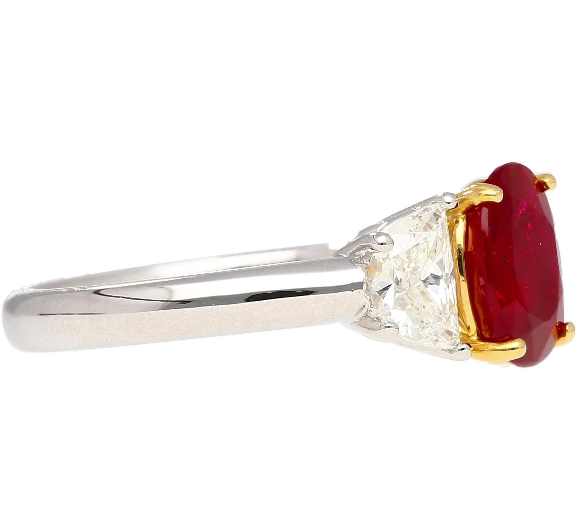 Contemporary AGL Certified 2.19 Carat No Heat Burma Ruby & Trapezoid Diamond 3 Stone Ring For Sale