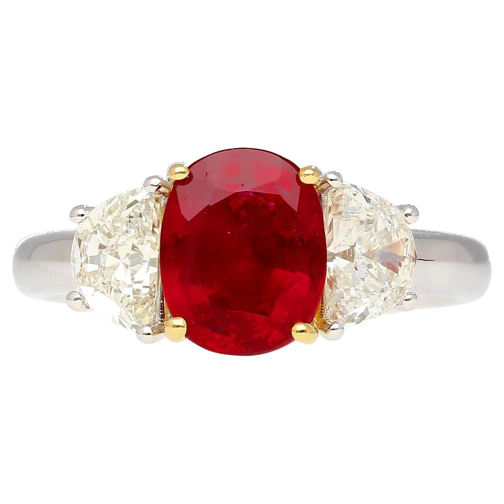 AGL Certified 2.19 Carat No Heat Burma Ruby & Trapezoid Diamond 3 Stone Ring For Sale