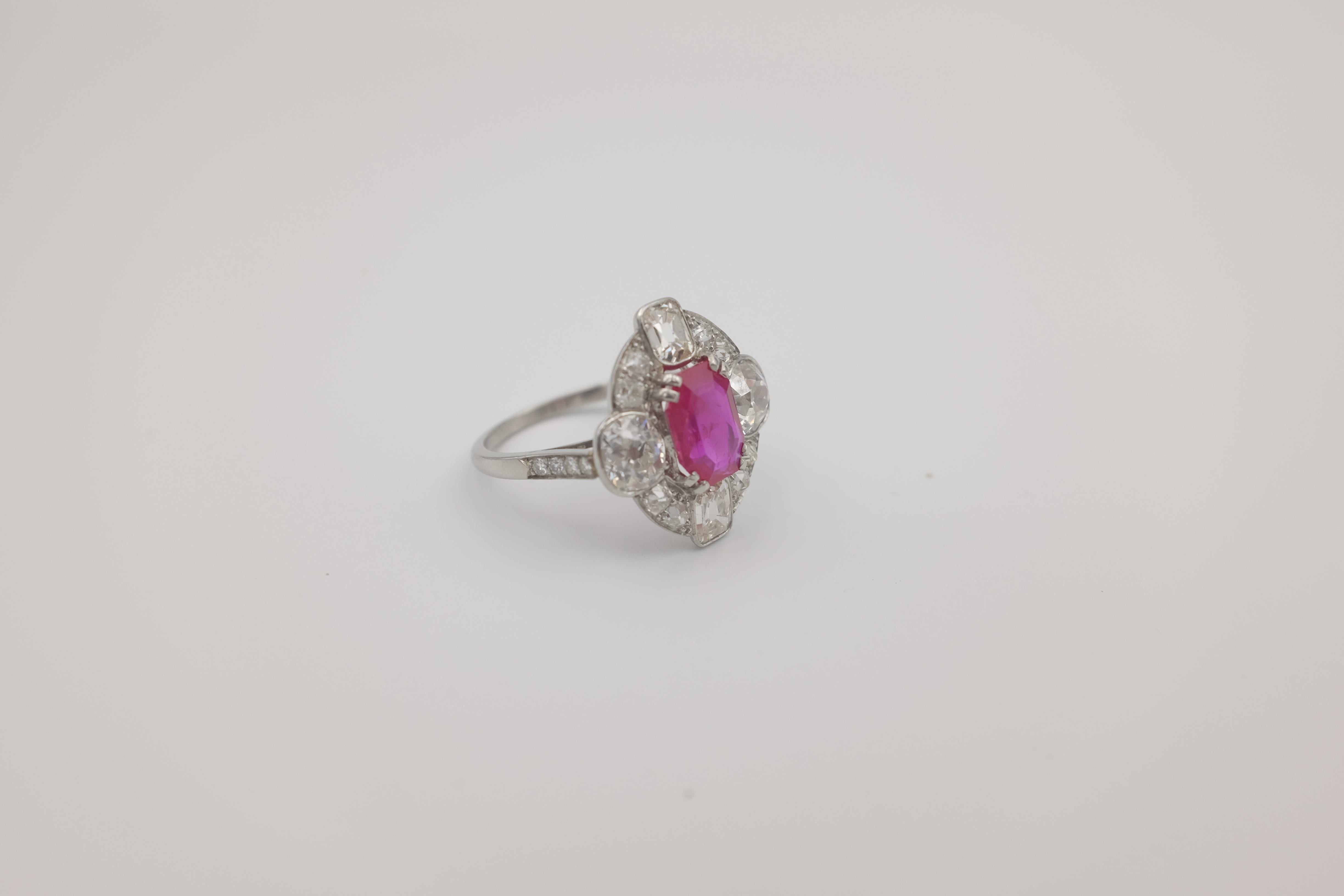 Art Deco AGL Certified 2.24 Carat No Heat Burma Ruby with Old-Cut Diamonds For Sale