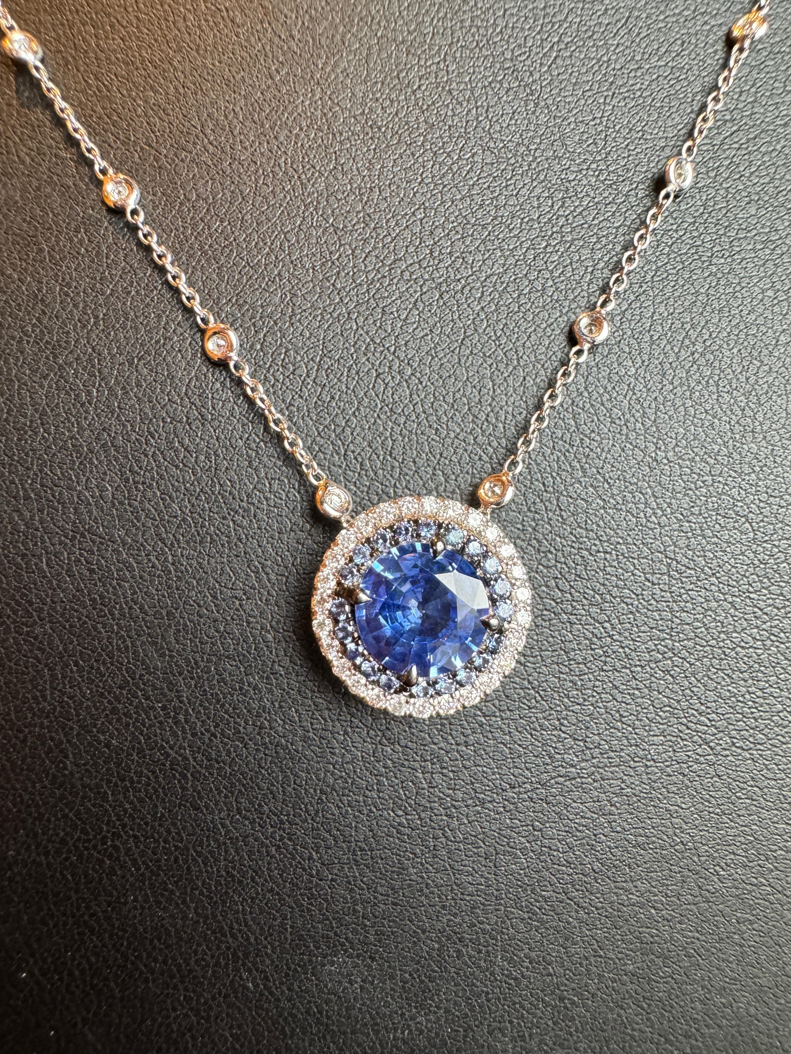 Round Cut AGL Certified 2.24ct Sapphire and Diamond Double Halo Pendant For Sale