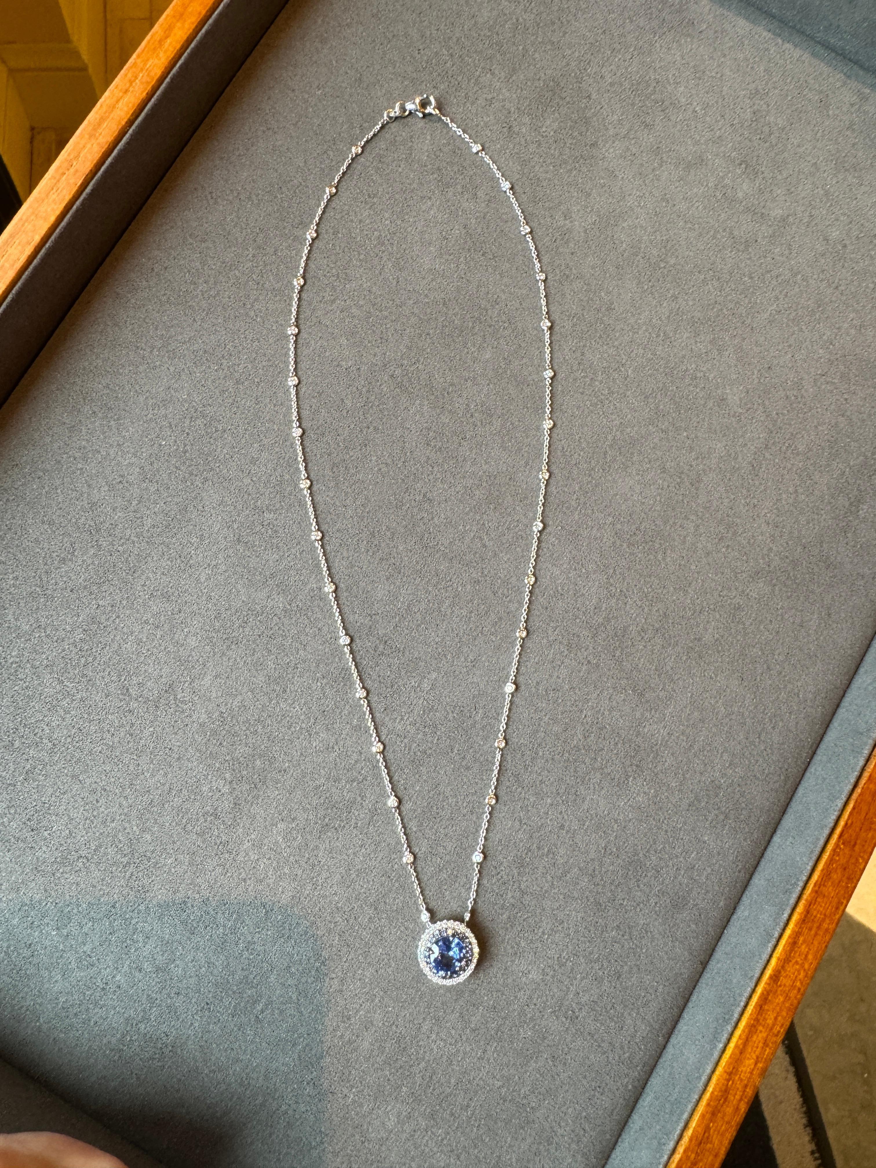 AGL Certified 2.24ct Sapphire and Diamond Double Halo Pendant In New Condition For Sale In San Mateo, CA