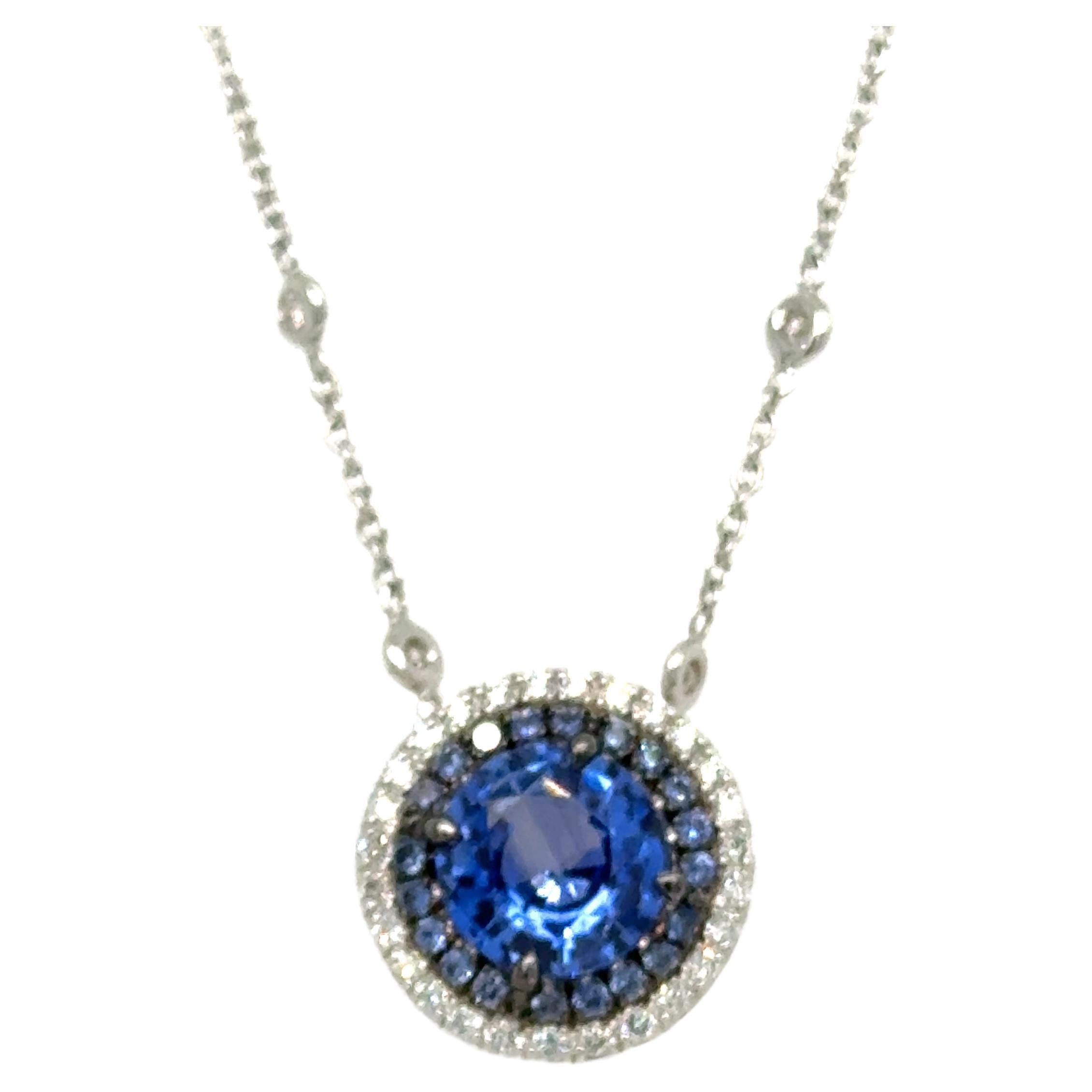 AGL Certified 2.24ct Sapphire and Diamond Double Halo Pendant For Sale