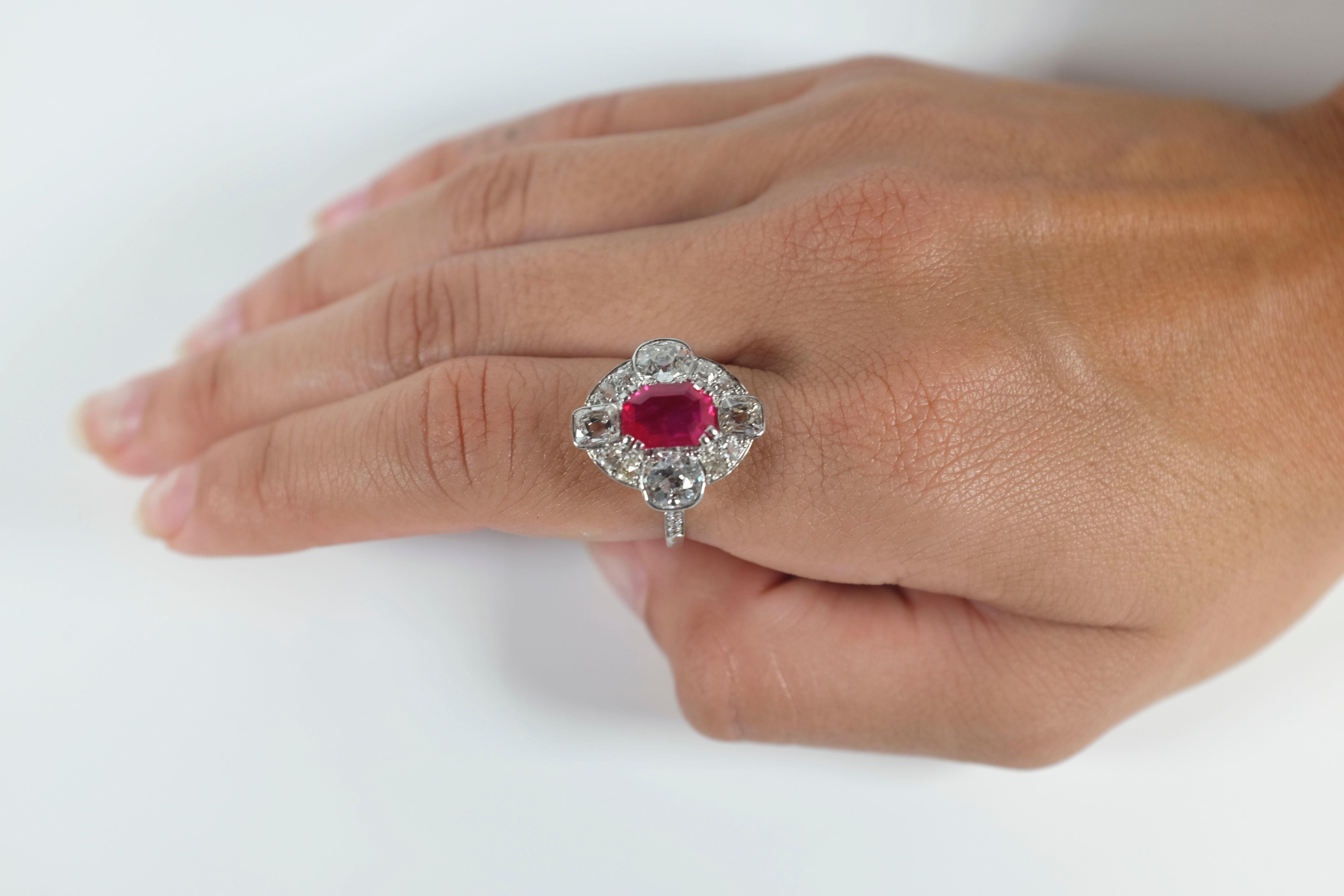 Women's AGL Certified 2.24 Carat No Heat Burma Ruby with Old-Cut Diamonds For Sale