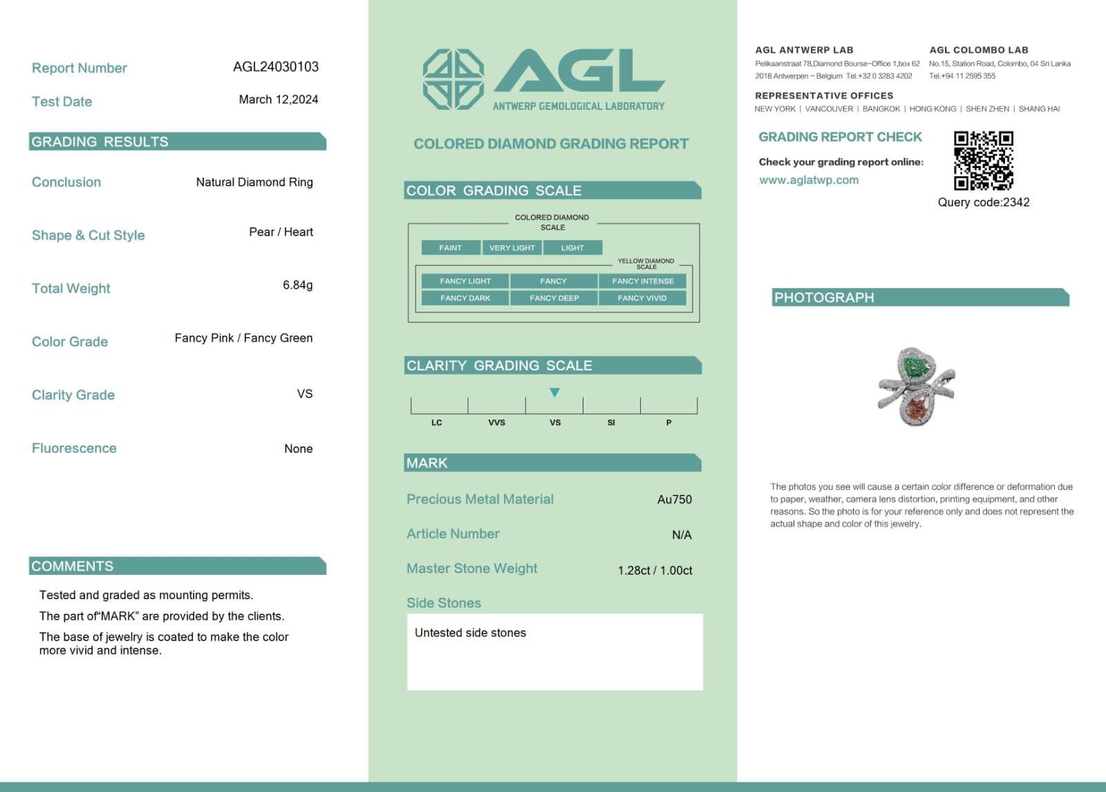 AGL Certified 2.28 Carat Fancy Pink & Green Diamond Ring  For Sale 3