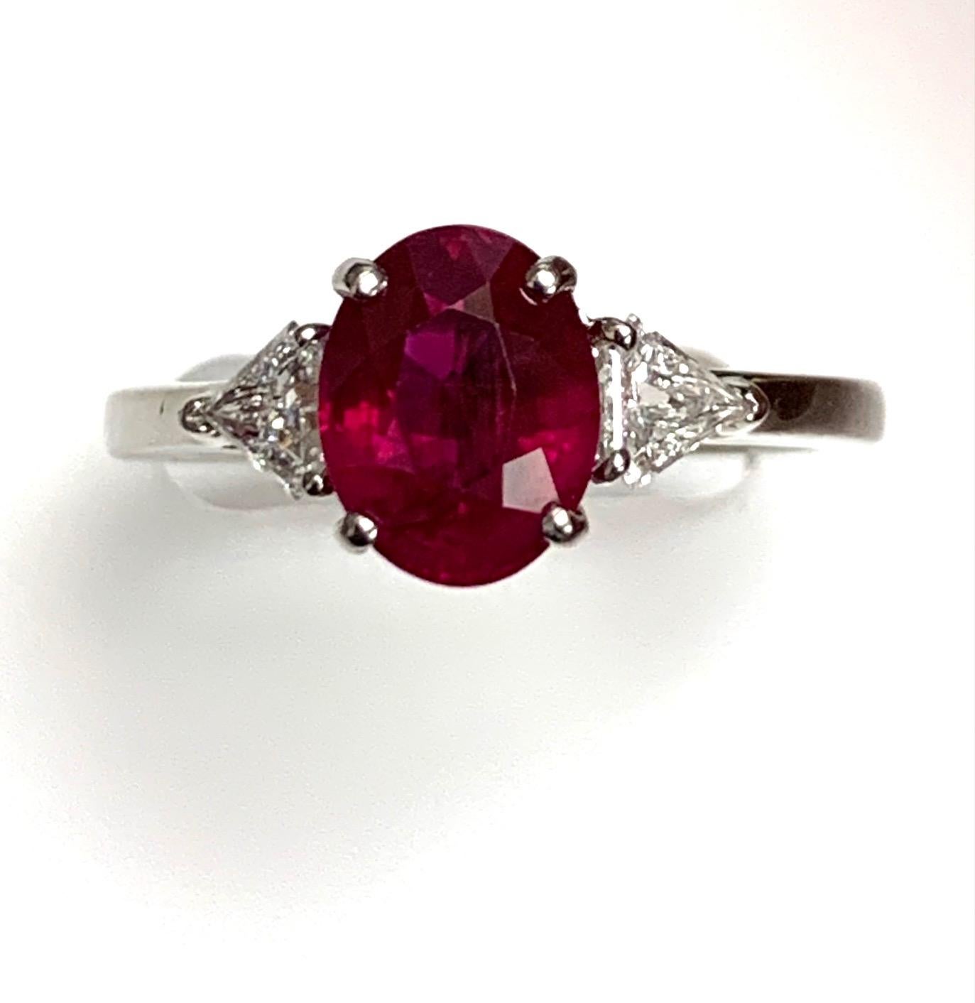 Oval Cut AGL Certified 2.34 Carat Burma Ruby Diamond Three-Stone Ring For Sale