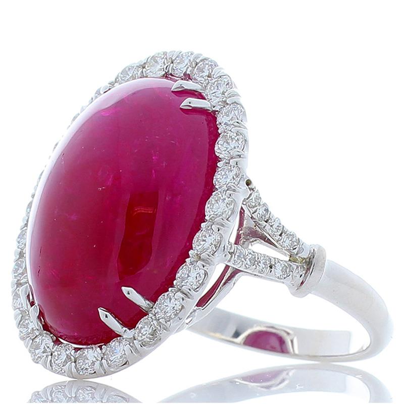 Contemporary AGL Certified 24.25 Carat Ruby Cabochon & Diamond Ring In 18 K White Gold For Sale