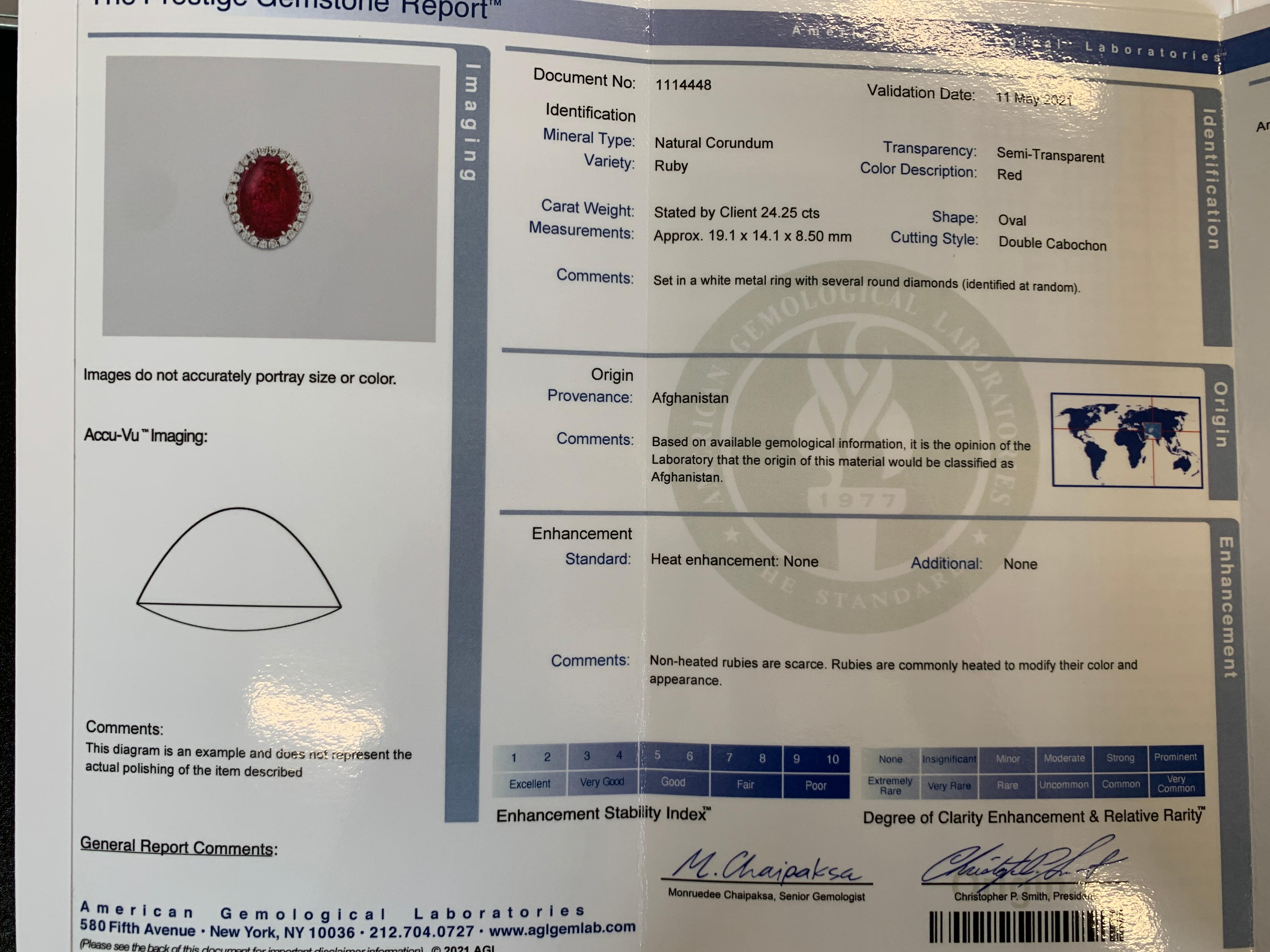 AGL-zertifizierter 24,25 Karat Rubin-Cabochon- und Diamantring aus 18 K Weißgold im Zustand „Neu“ im Angebot in Chicago, IL