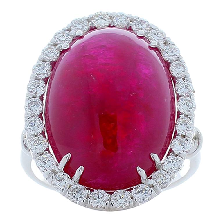 AGL Certified 24.25 Carat Ruby Cabochon & Diamond Ring In 18 K White Gold