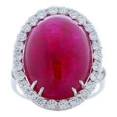 AGL Certified 24.25 Carat Ruby Cabochon & Diamond Ring In 18 K White Gold