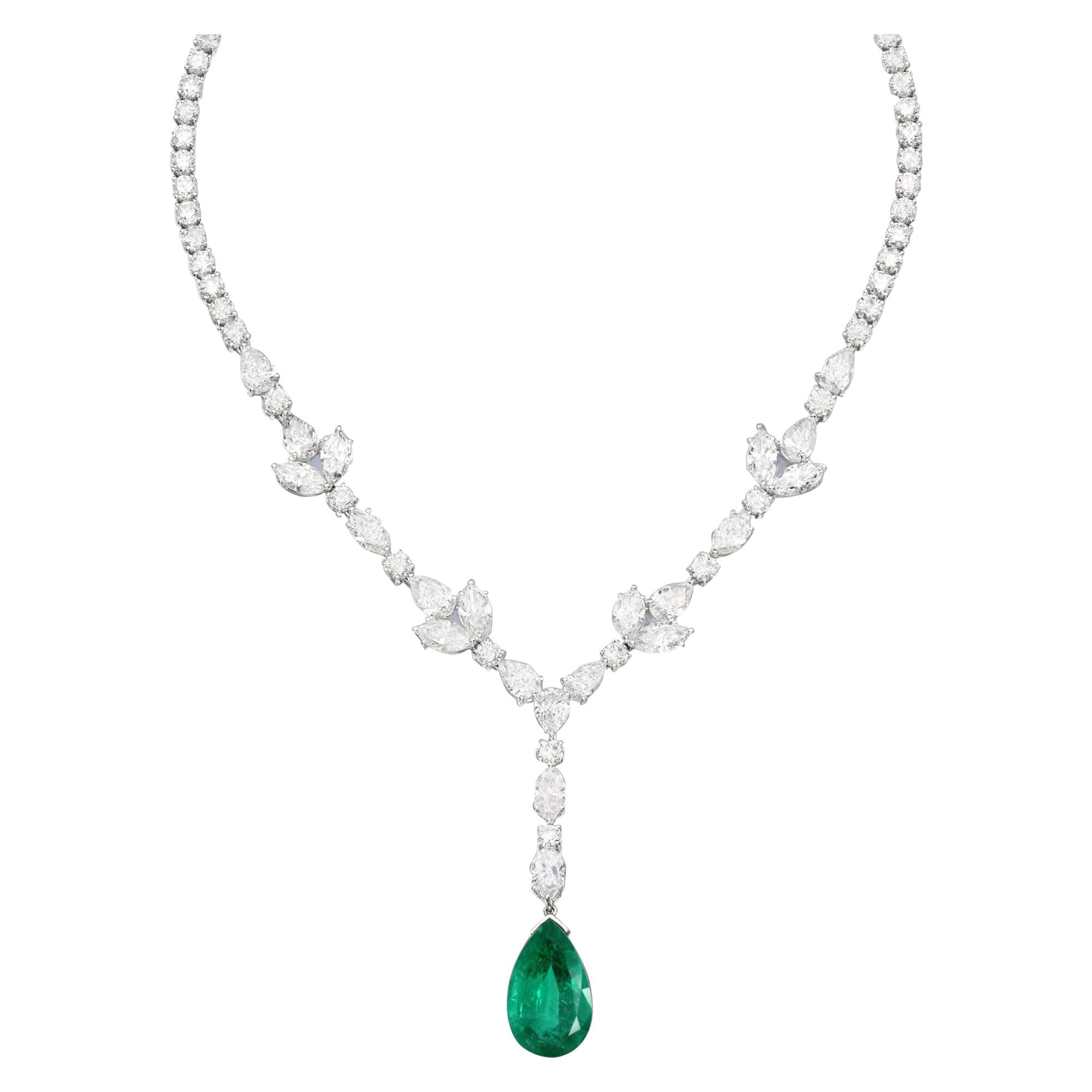 AGL Certified 25 Carat Green Emerald Marquise Pear Cut Round Diamond Necklace