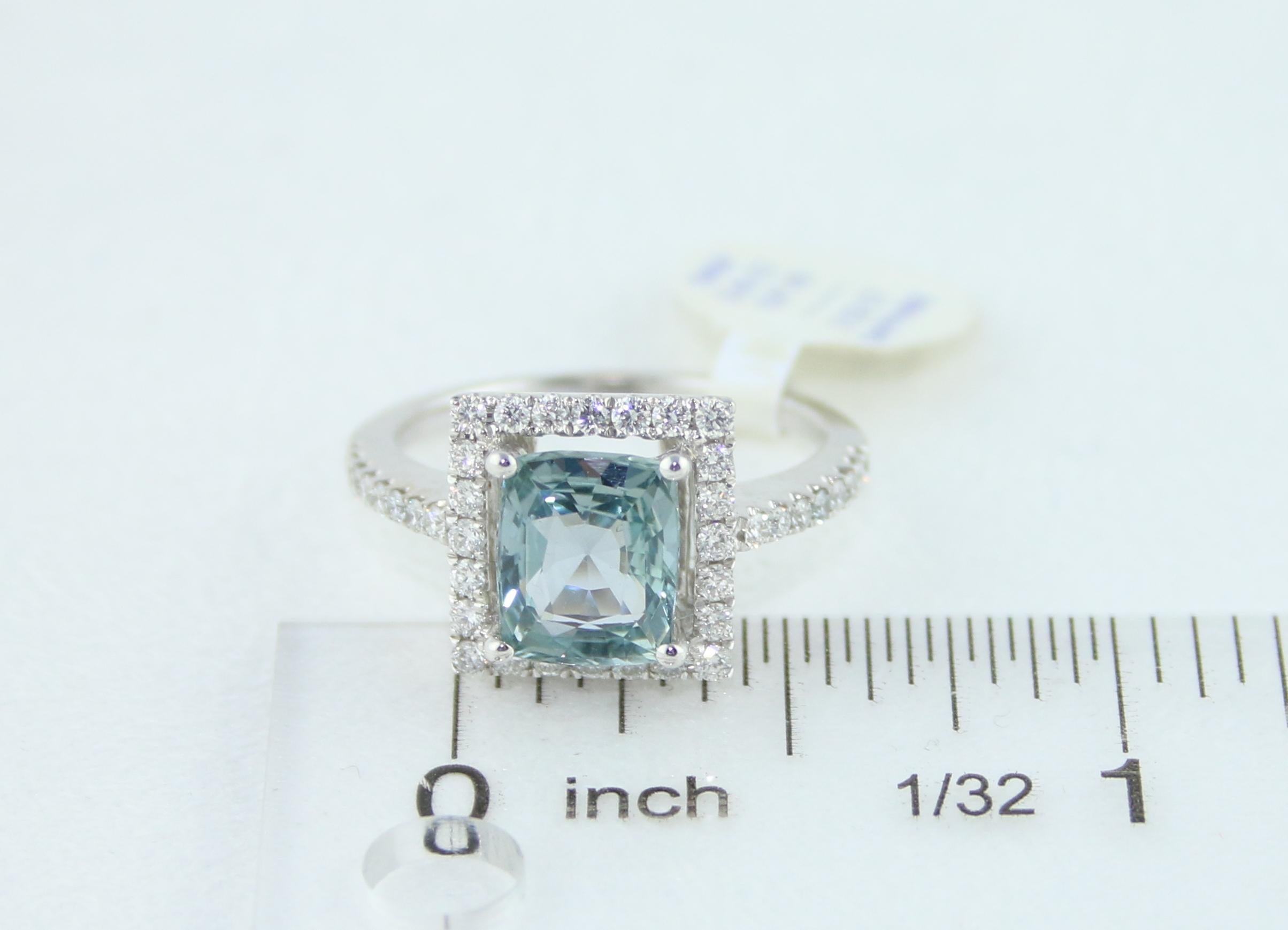 AGL Certified 2.52 Carat Cushion Grayish Green-Blue Sapphire Diamond Gold Ring For Sale 3