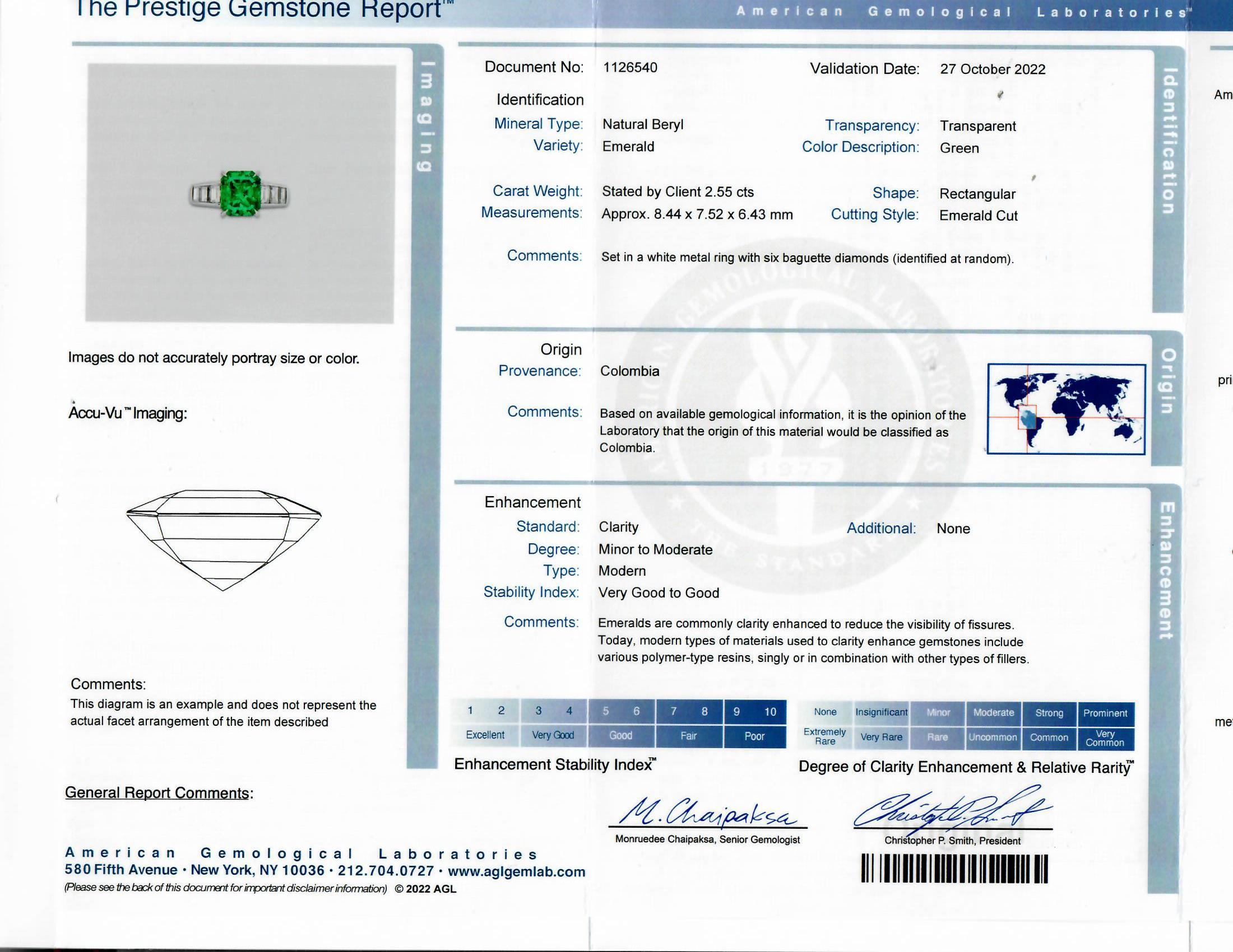 AGL Certified 2.55 Carat Colombian Emerald Diamond Ring In Good Condition In Santa Barbara, CA