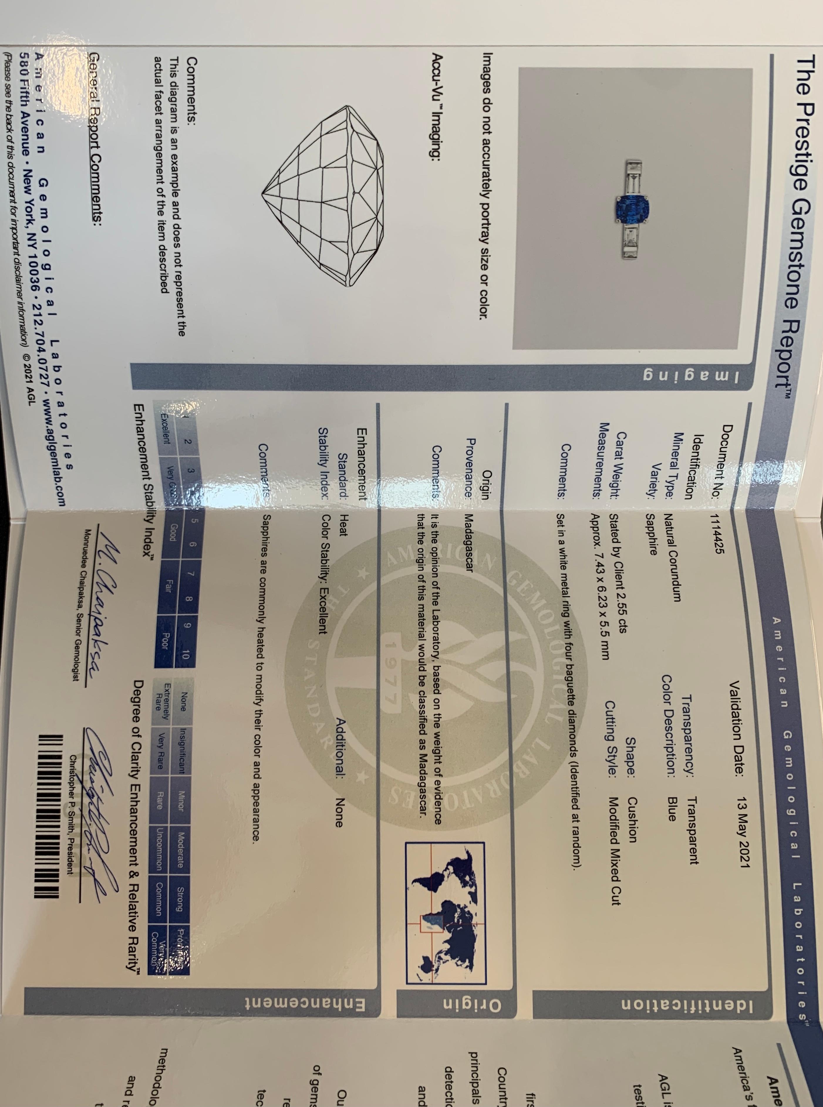 AGL Certified  2.55 Carat Natural Sapphire & Diamond Ring Set in Platinum 2