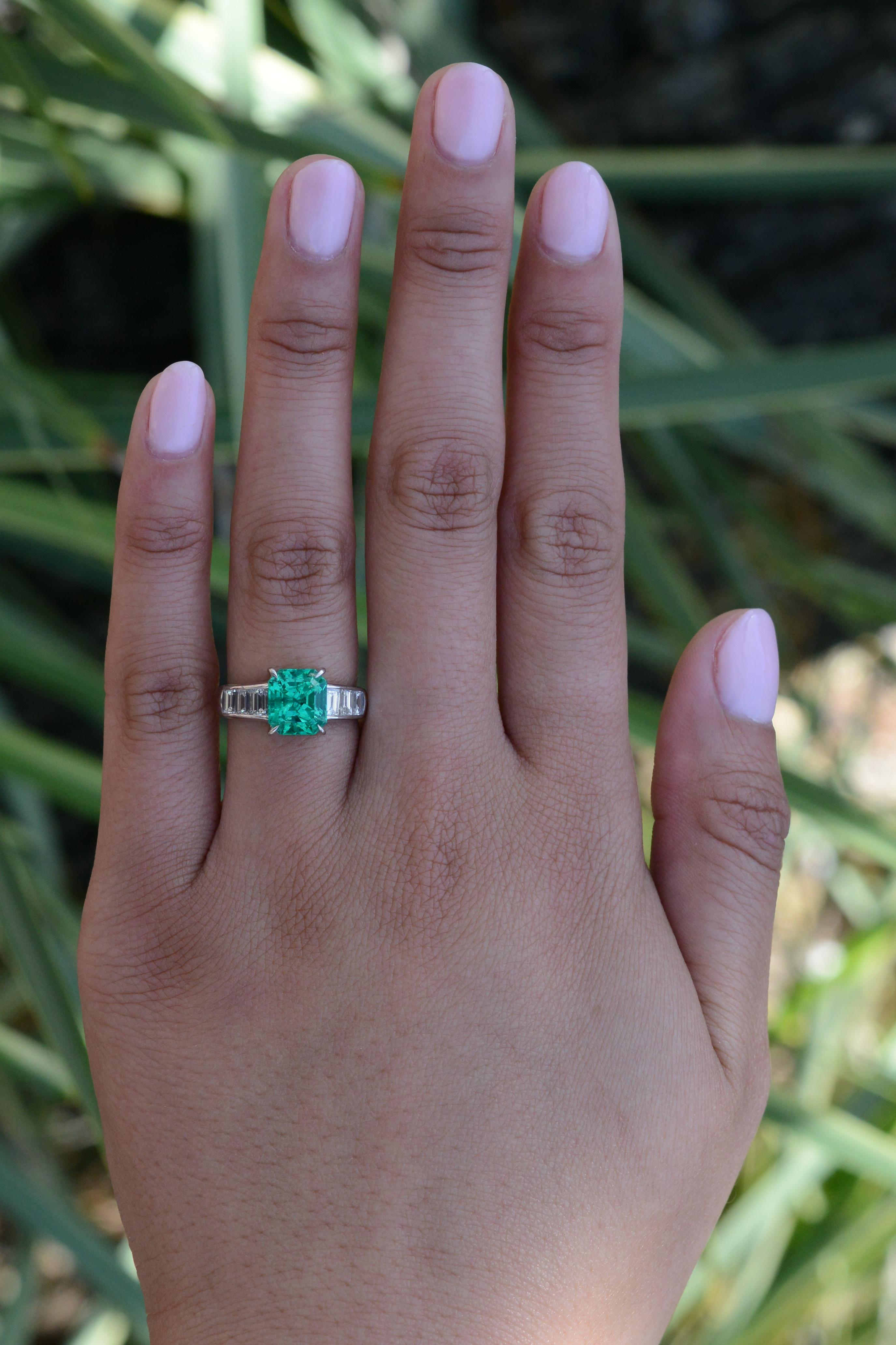 This incredible emerald has an intensity and brilliancy that absolutely captures you. The gem is accompanied by an American Gemological Laboratory certificate verifying Colombian origin which produces some of the finest quality emeralds. Mounted on